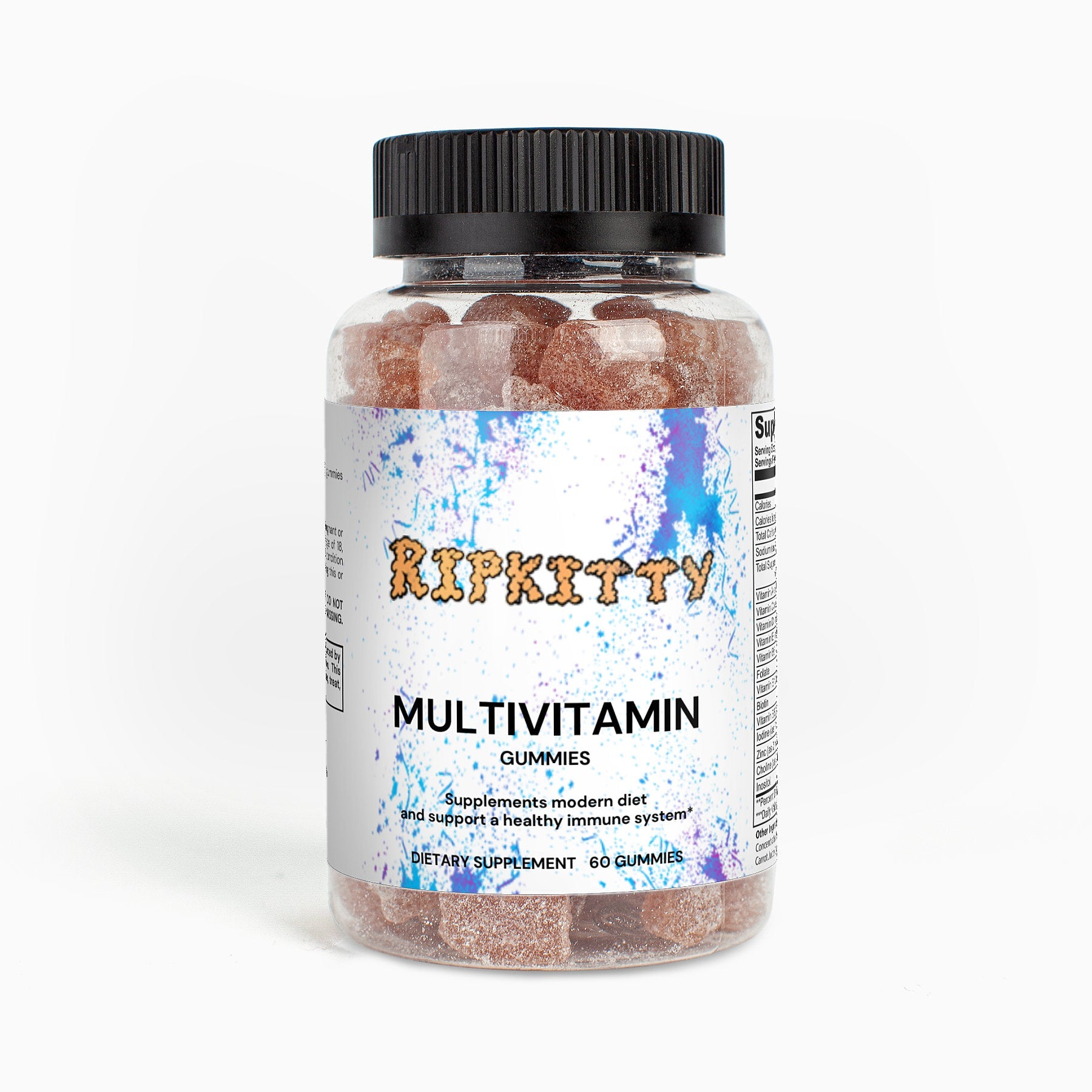 Ripkitty adult multivitamin bear gummies in a clear bottle, showing colorful gummy bears and label details for vitamins and minerals.