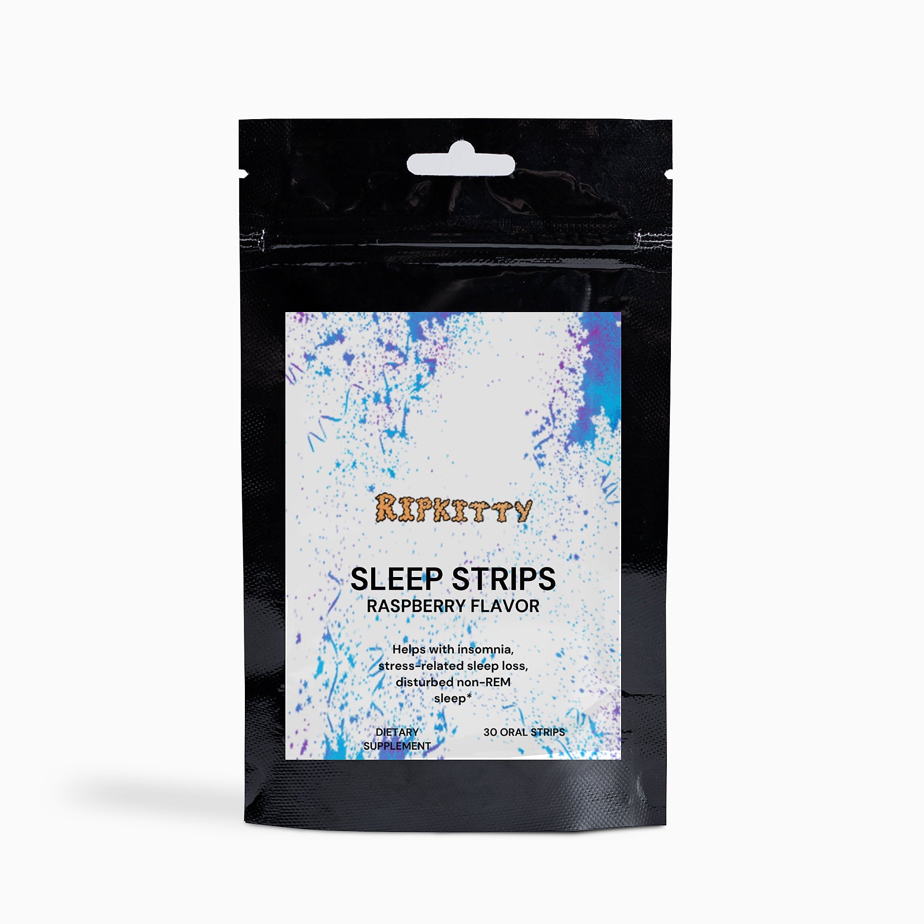 Ripkitty Sleep Strips vitamin and mineral supplement package with 30 strips, featuring colorful label design and product branding.