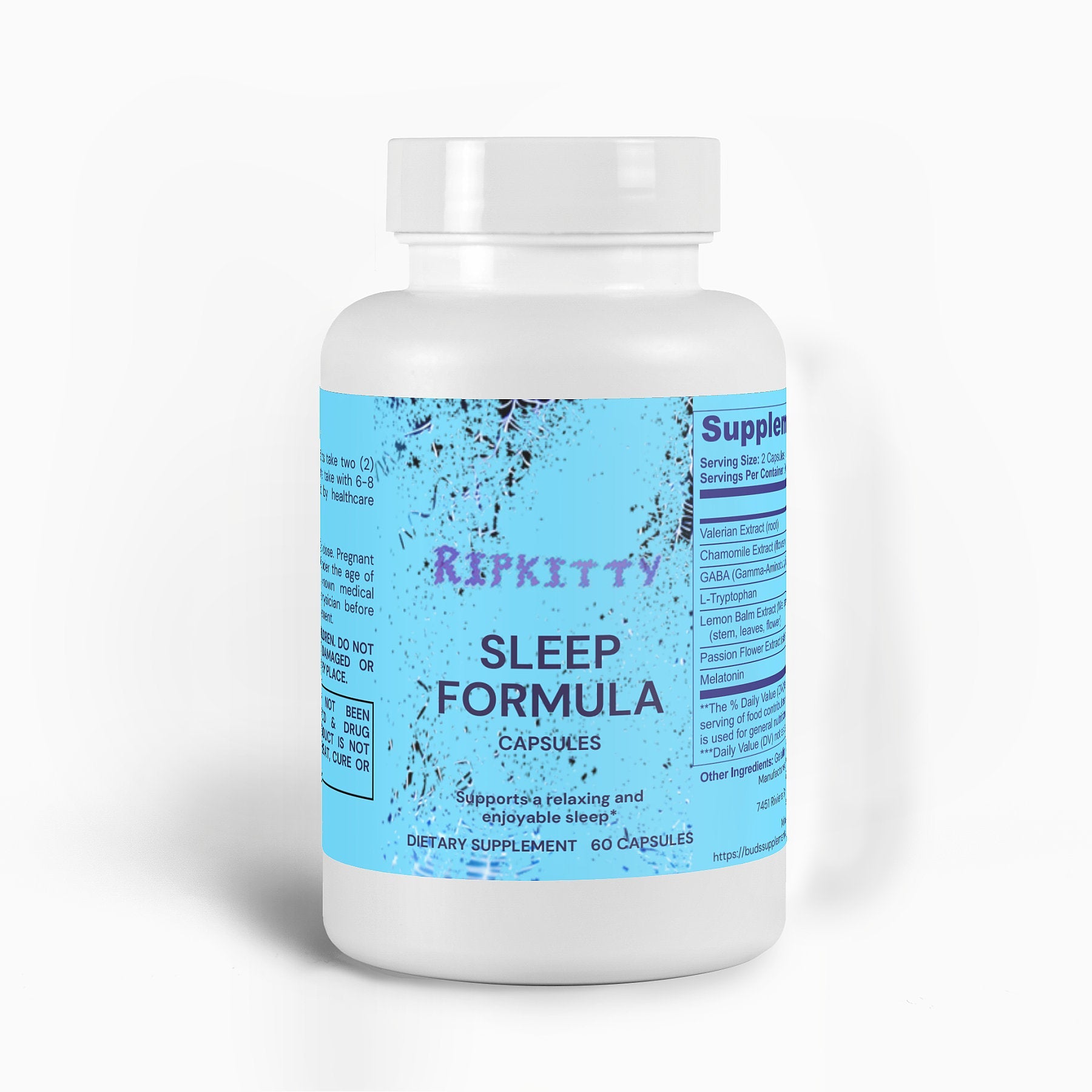 Ripkitty Sleep Formula 60 capsules, specialty supplement bottle with label showing product details and branding.