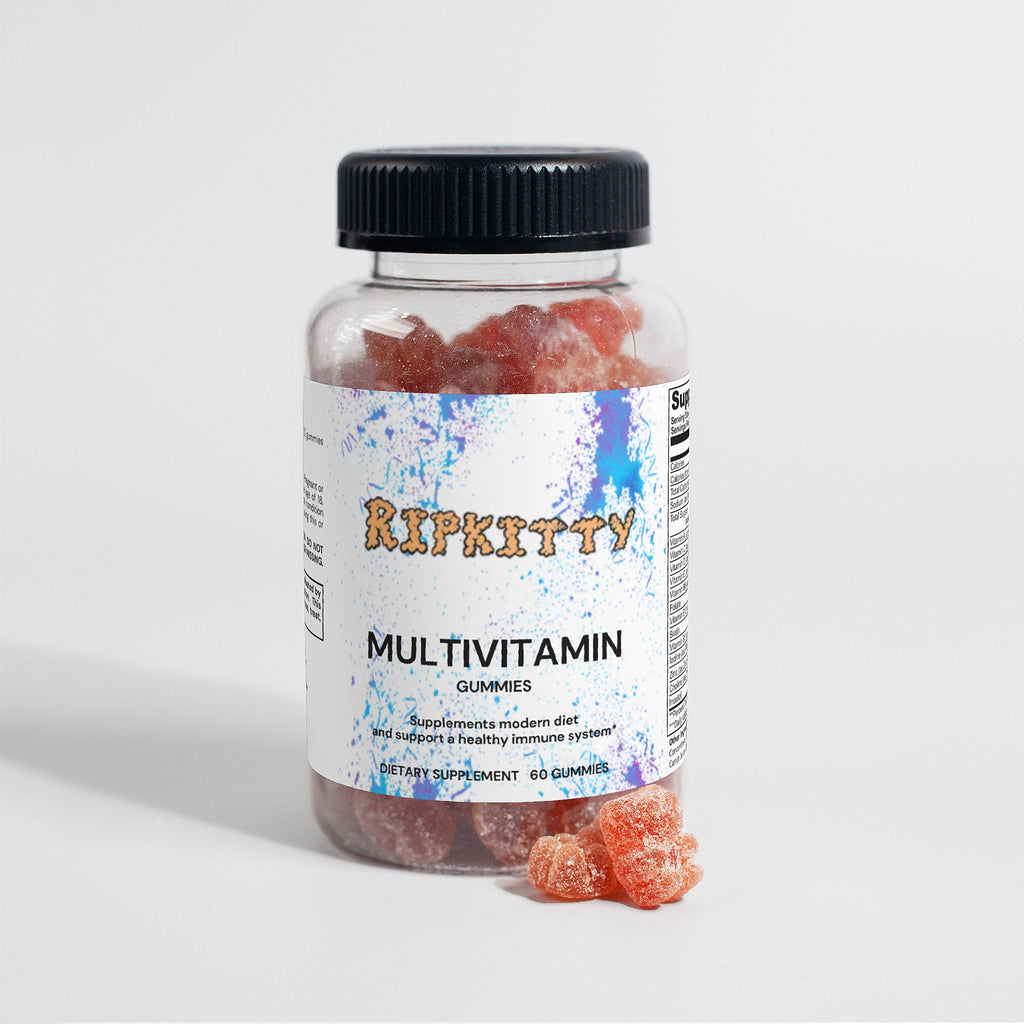 Ripkitty adult multivitamin bear gummies in clear bottle, showing colorful bear-shaped vitamins and label details.