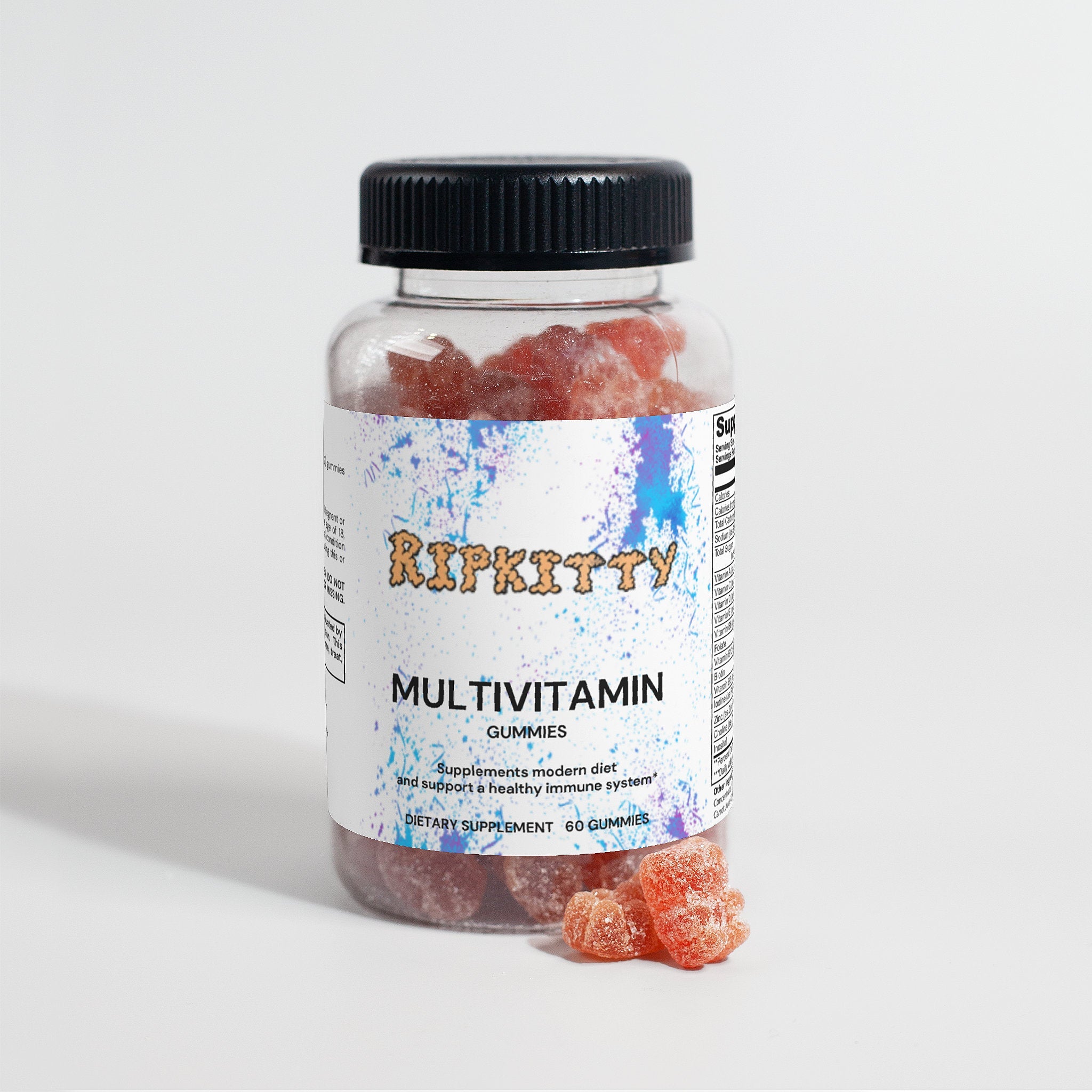 Ripkitty adult multivitamin bear gummies in clear bottle, showing colorful bear-shaped vitamins and label details.