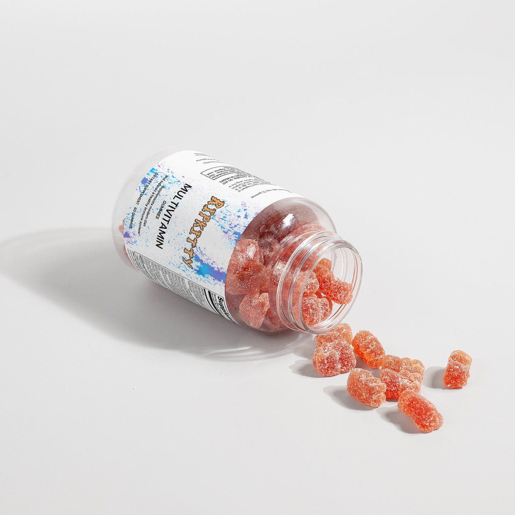 Ripkitty Multivitamin Bear Gummies for adults, 60 vitamins and minerals gummies with colorful bear shapes and supplement label.