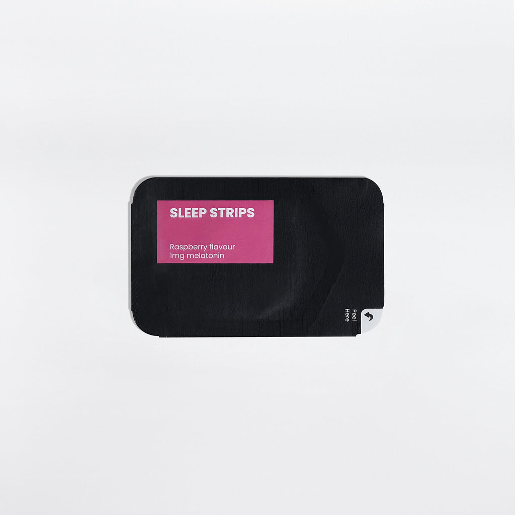 Ripkitty Sleep Strips label showing 30 vitamin and mineral sleep aid strips in a natural, colorful packaging.