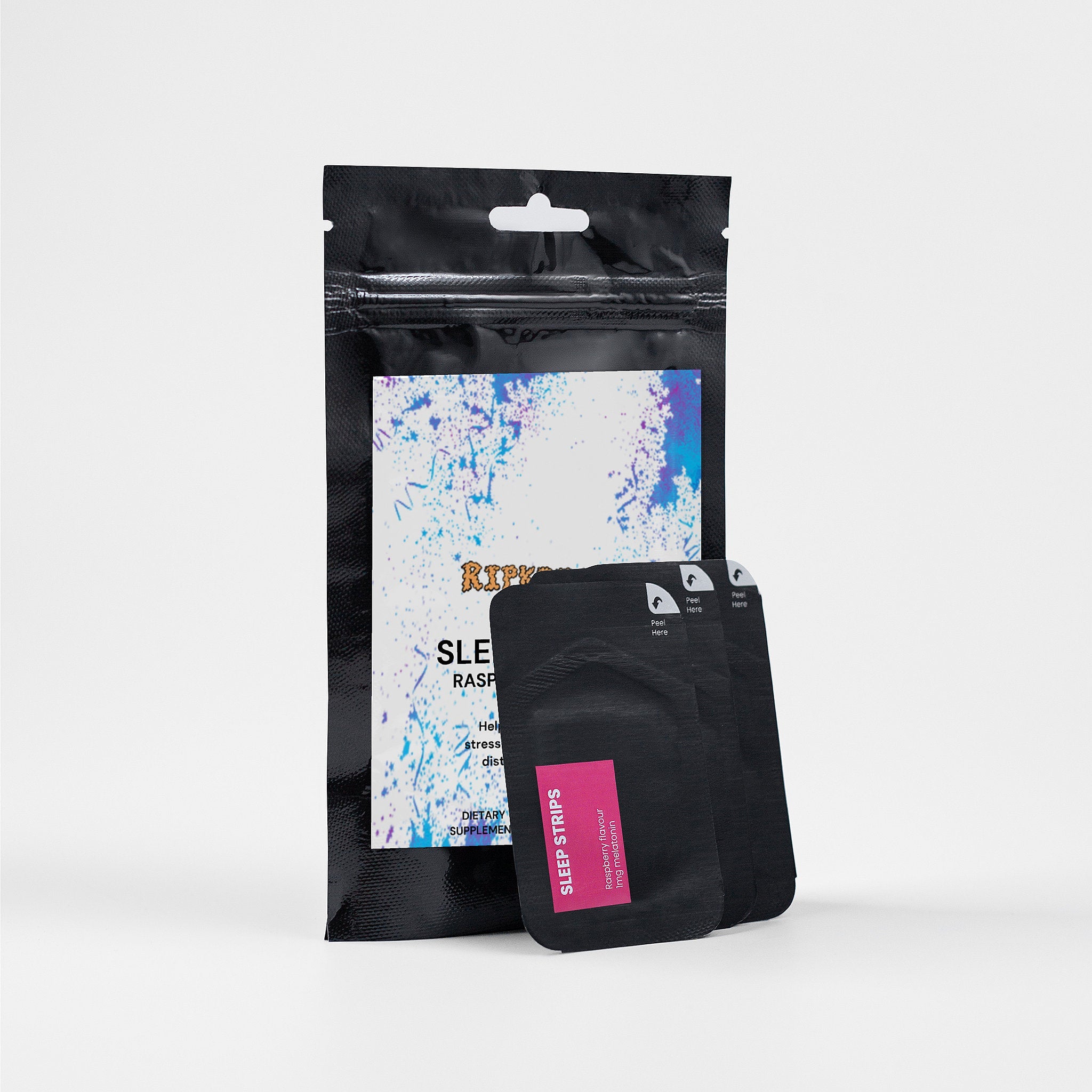 Ripkitty Sleep Strips vitamin and mineral supplement package with 30 strips, featuring natural ingredients and product branding.