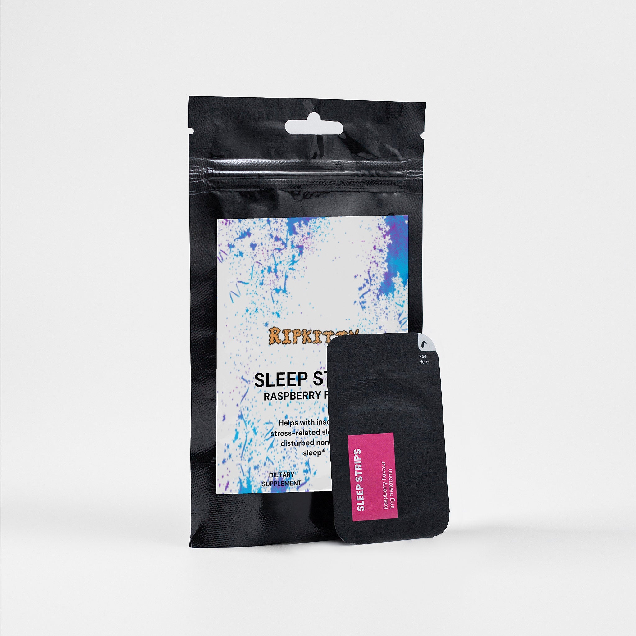 Ripkitty Sleep Strips vitamin and mineral supplement package showing 30 strips in a colorful label design.