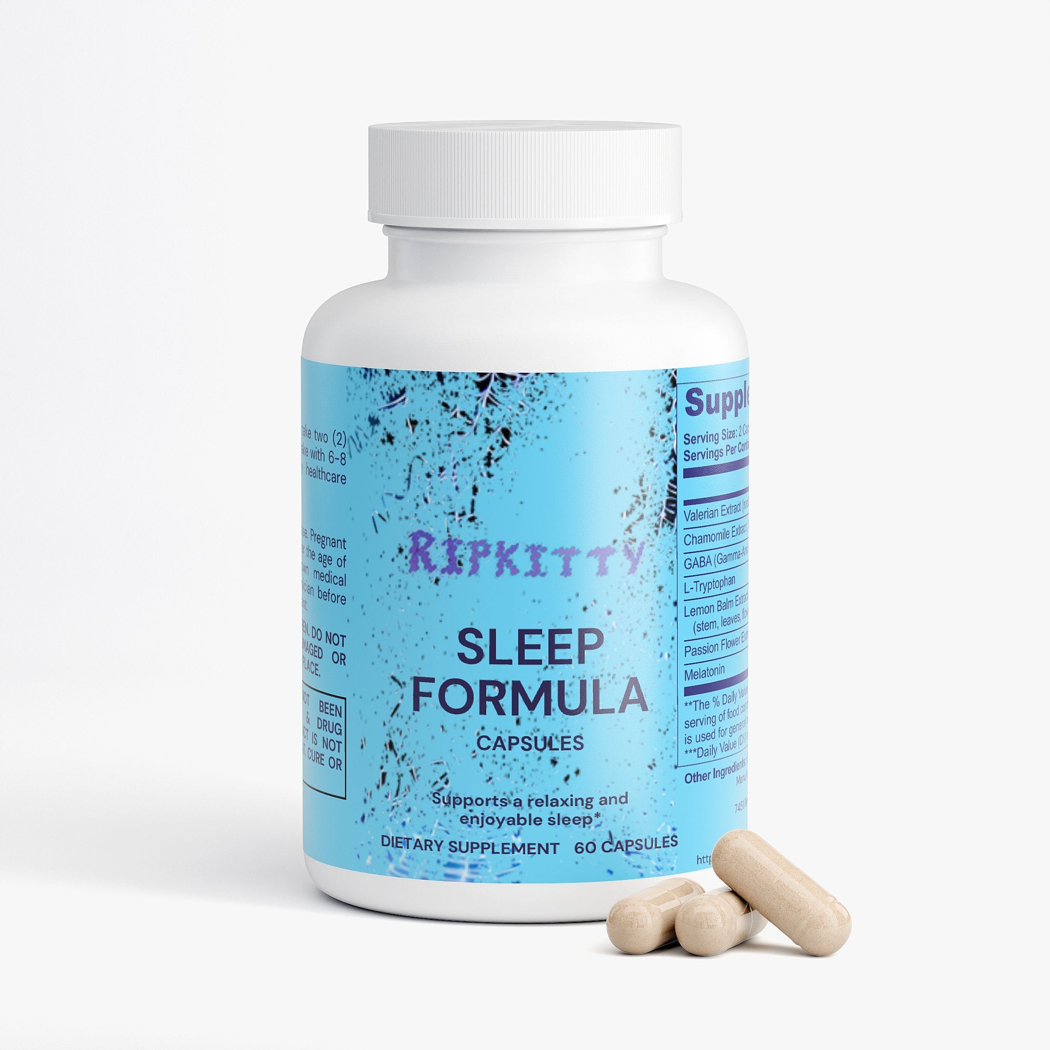 Ripkitty Sleep Formula 60 capsules, specialty supplement bottle with label showing product details and branding.