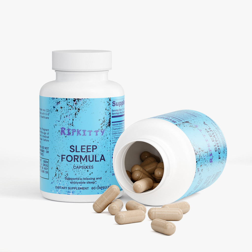 Ripkitty Sleep Formula 60 capsules, specialty supplement bottle with label featuring product details and Ripkitty branding.