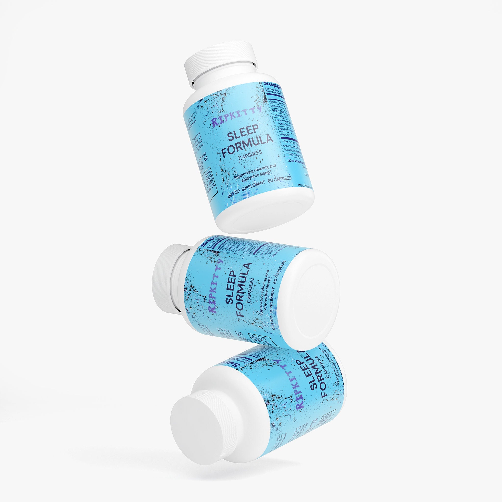 Ripkitty Sleep Formula 60 capsules bottle with label showing supplement details, designed for natural sleep support.