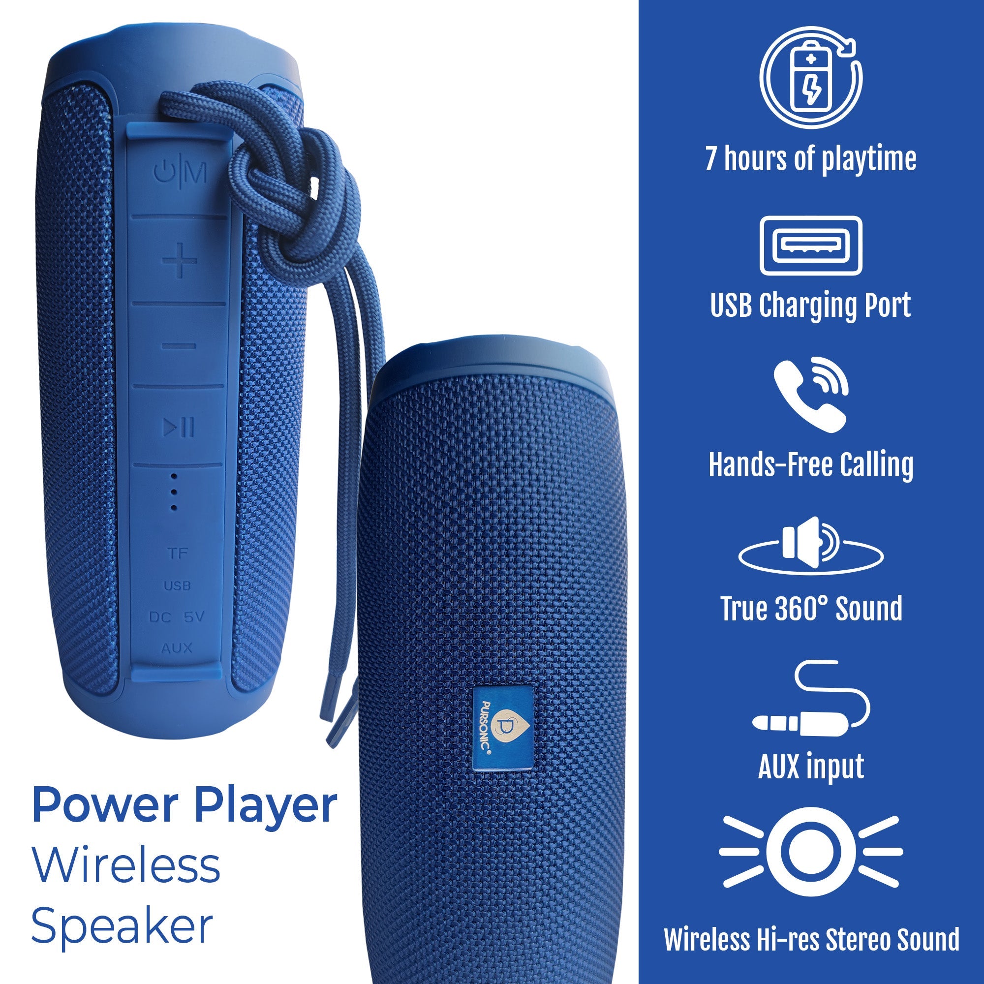 Pursonic Wireless Speaker, The Power Player, showing sleek black design and control buttons on top.