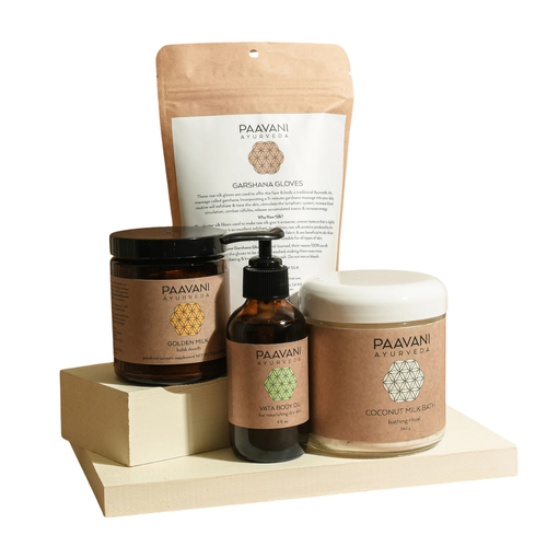 Simple bath stack with Ayurvedic herbal ingredients for self-care, relaxation, and skin nourishment from Paavani Ayurveda Skincare.