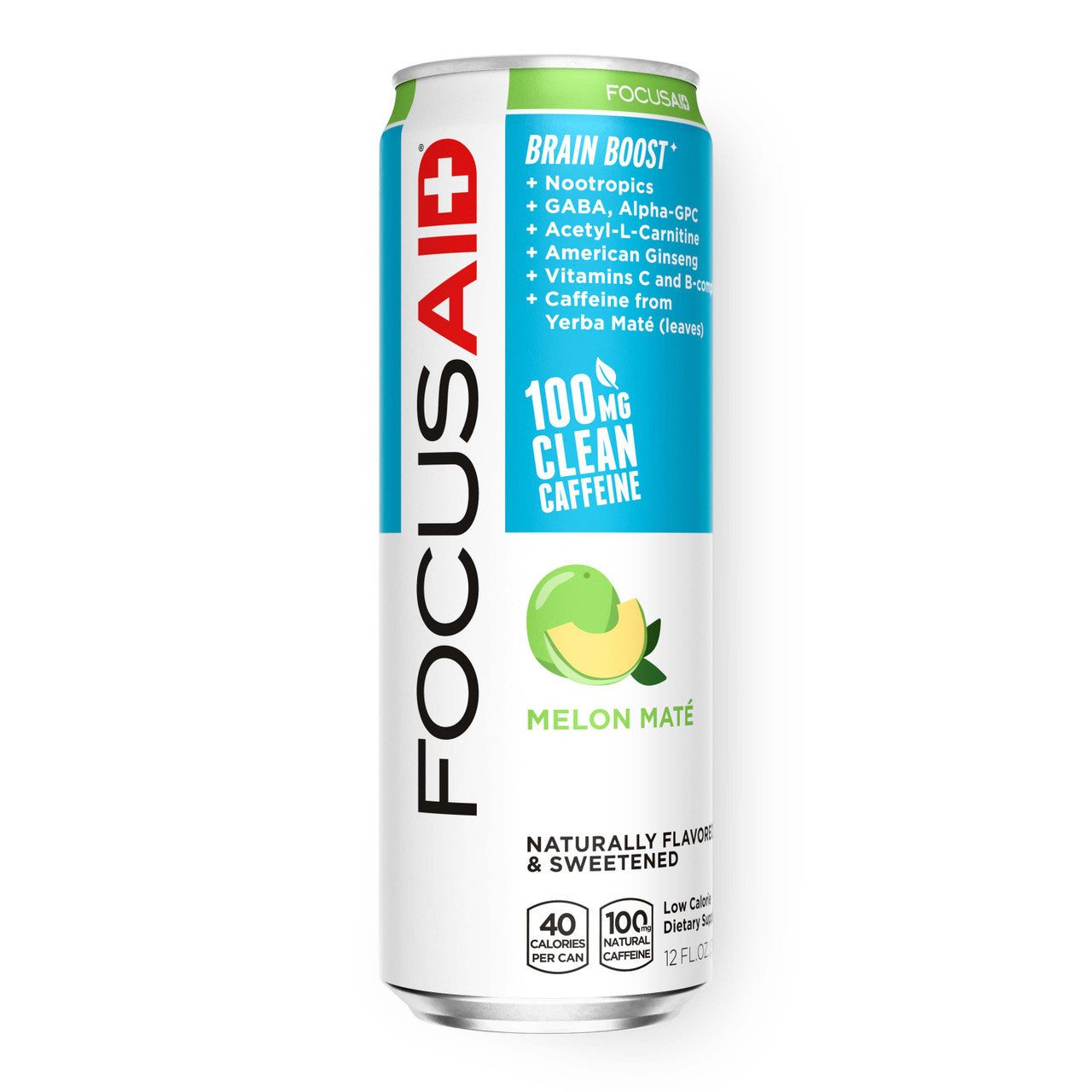 LIFEAID FOCUSAID Focus food supplement cans by Night Shift Supply Company, 12 x 12 oz bottles on a white background.