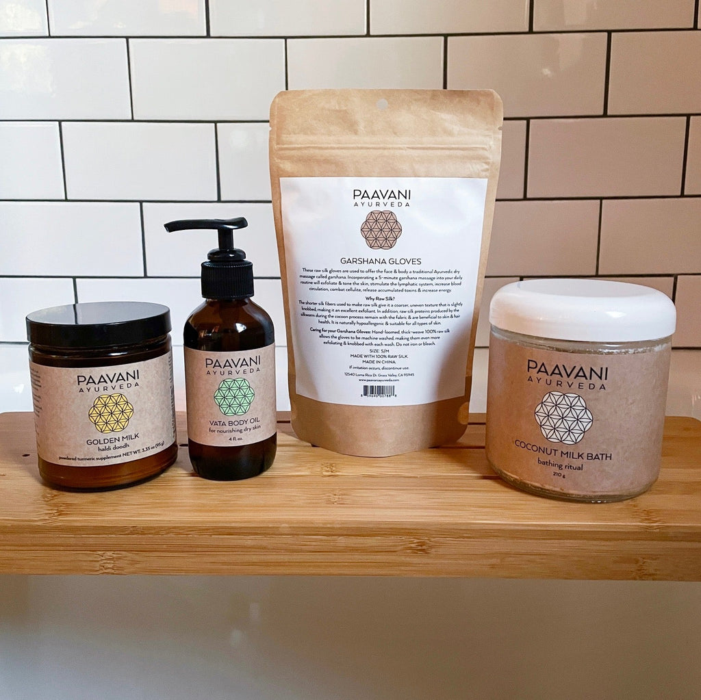 Simple Ayurvedic Bath Stack by Paavani Ayurveda for self-care, featuring natural ingredients for body, mind, spirit, and skin.