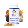 Six capsules of Encapsulate Mushroom Blend 1:1 supplement, showing the product packaging and capsules.