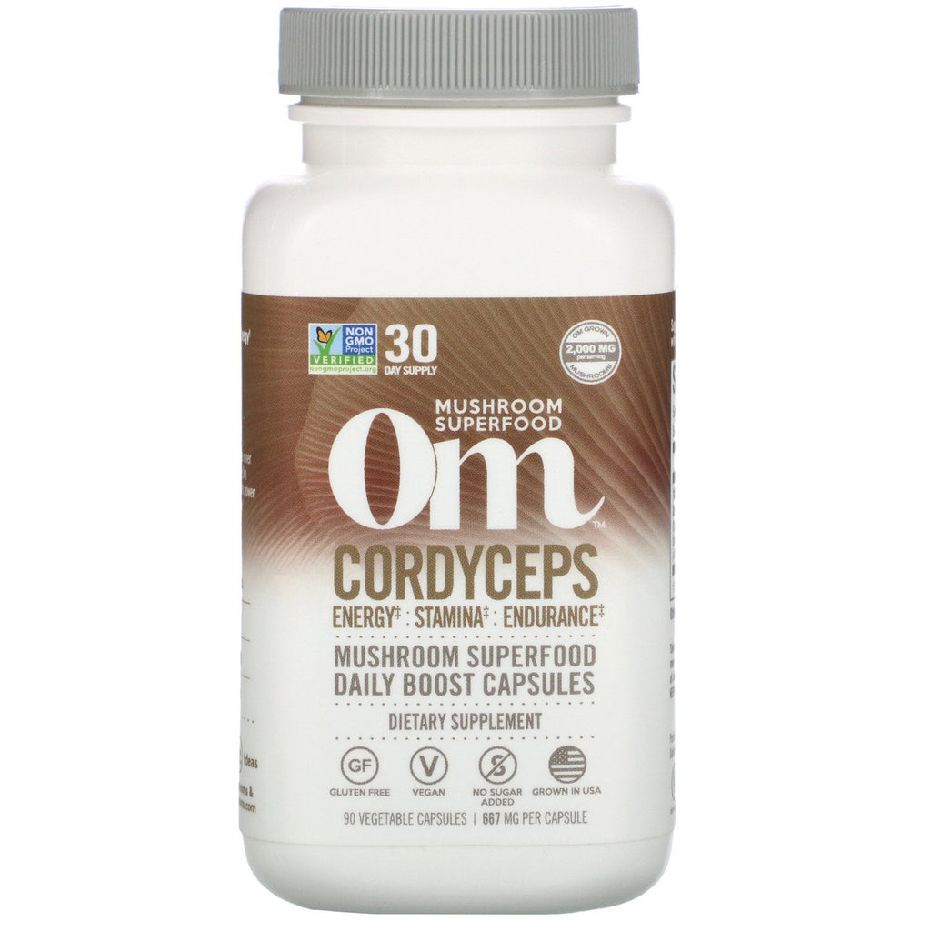 Night Shift Supply OM CRDYCPTS Mush SF Caps food supplement, 90 vegan capsules in a clear bottle with label showing product details.