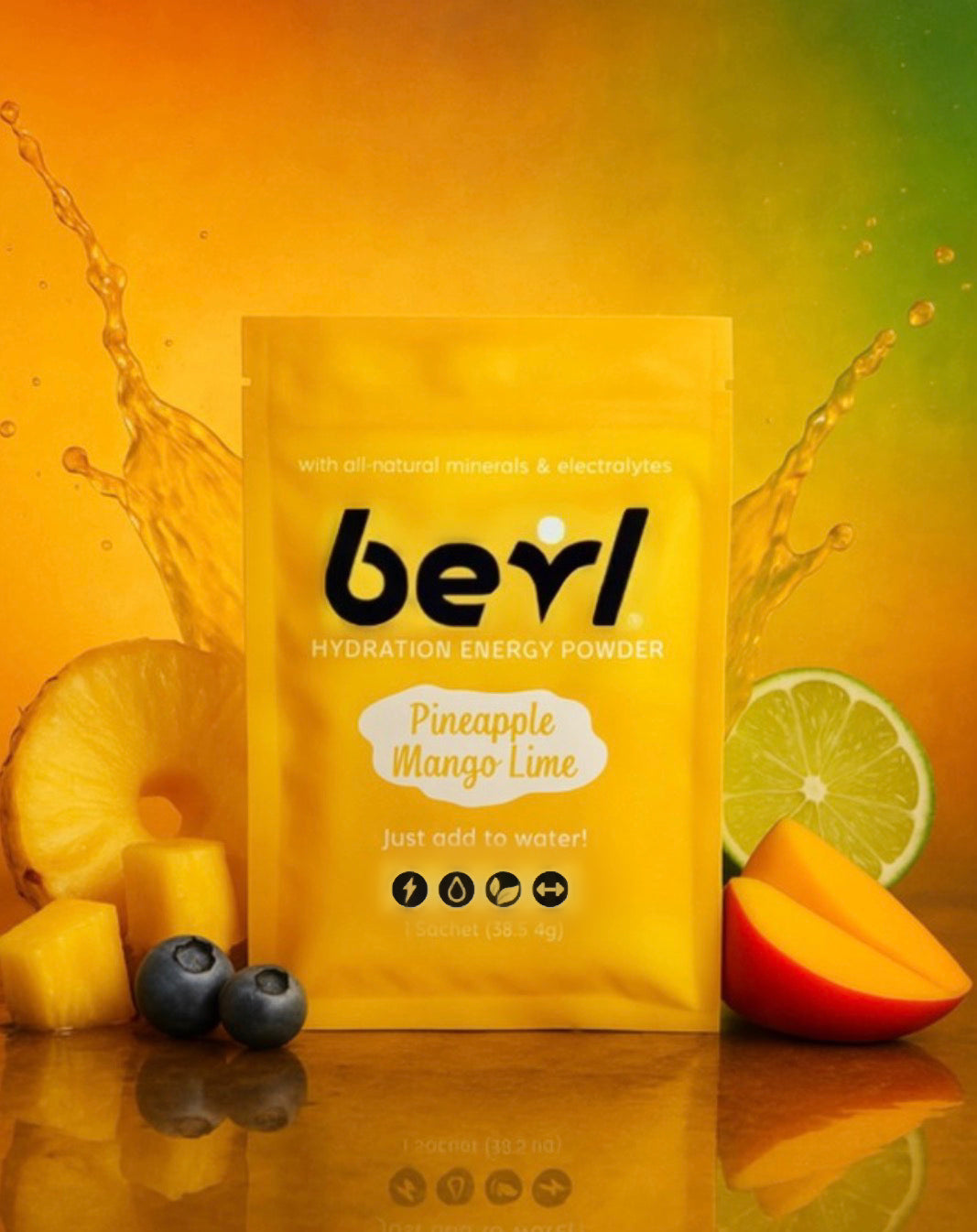 Pineapple Mango Lime hydration energy powder by BEVL - Dance Healthy, showing the colorful powder packet and fresh fruit ingredients.