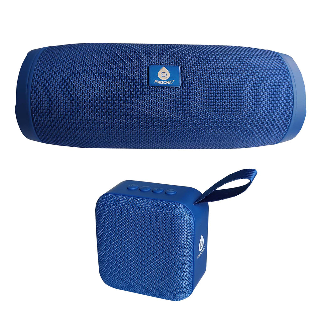 Pursonic Wireless Sound Duo portable speakers with sleek design, showcasing their compact size and dual speaker setup for immersive 360° audio.