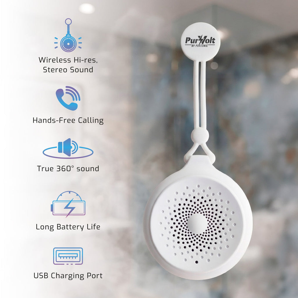 Pursonic waterproof wireless speaker with 360° hi-res sound, compact design, ideal for outdoor or indoor use.