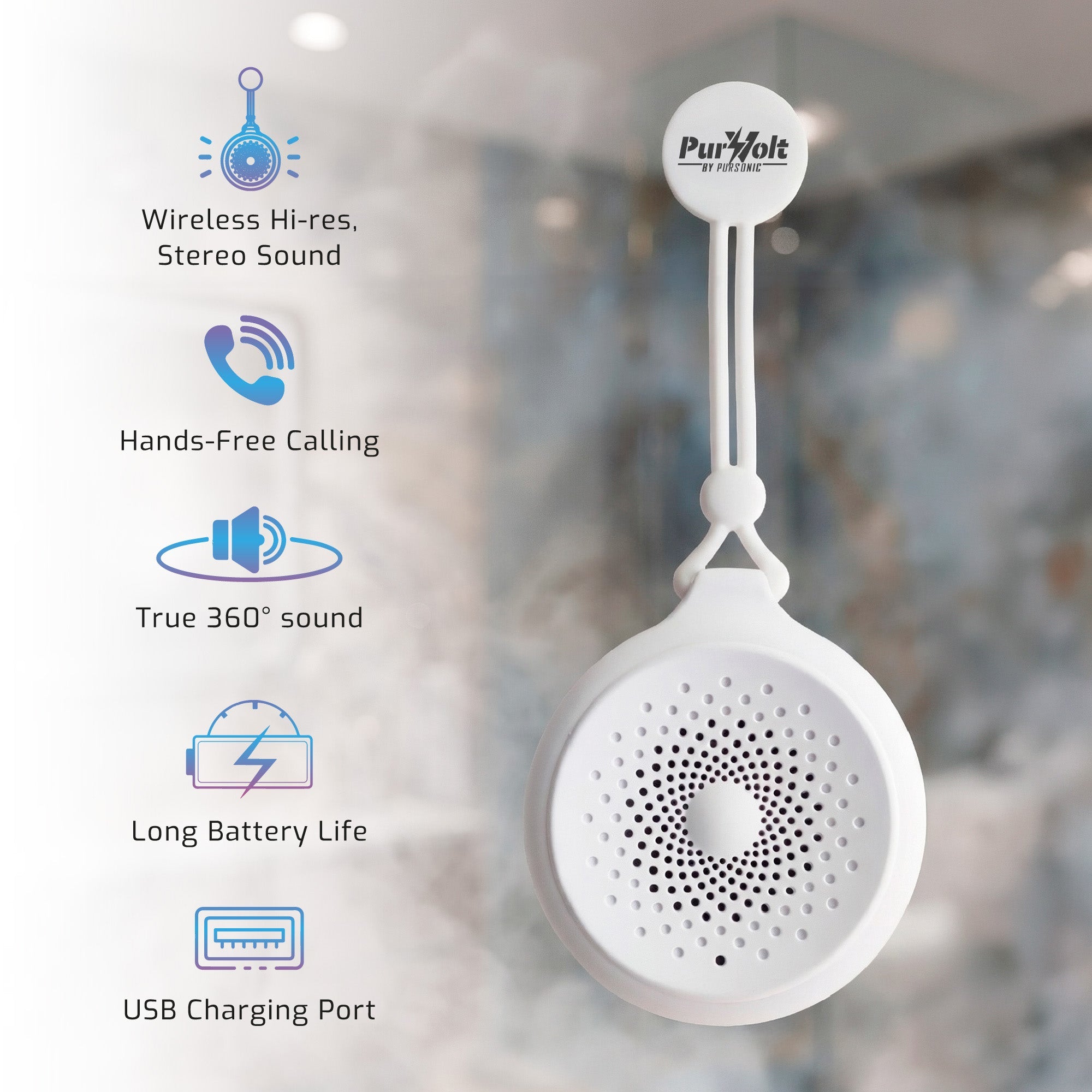 Pursonic waterproof wireless speaker with 360° hi-res sound, compact design, ideal for outdoor or indoor use.