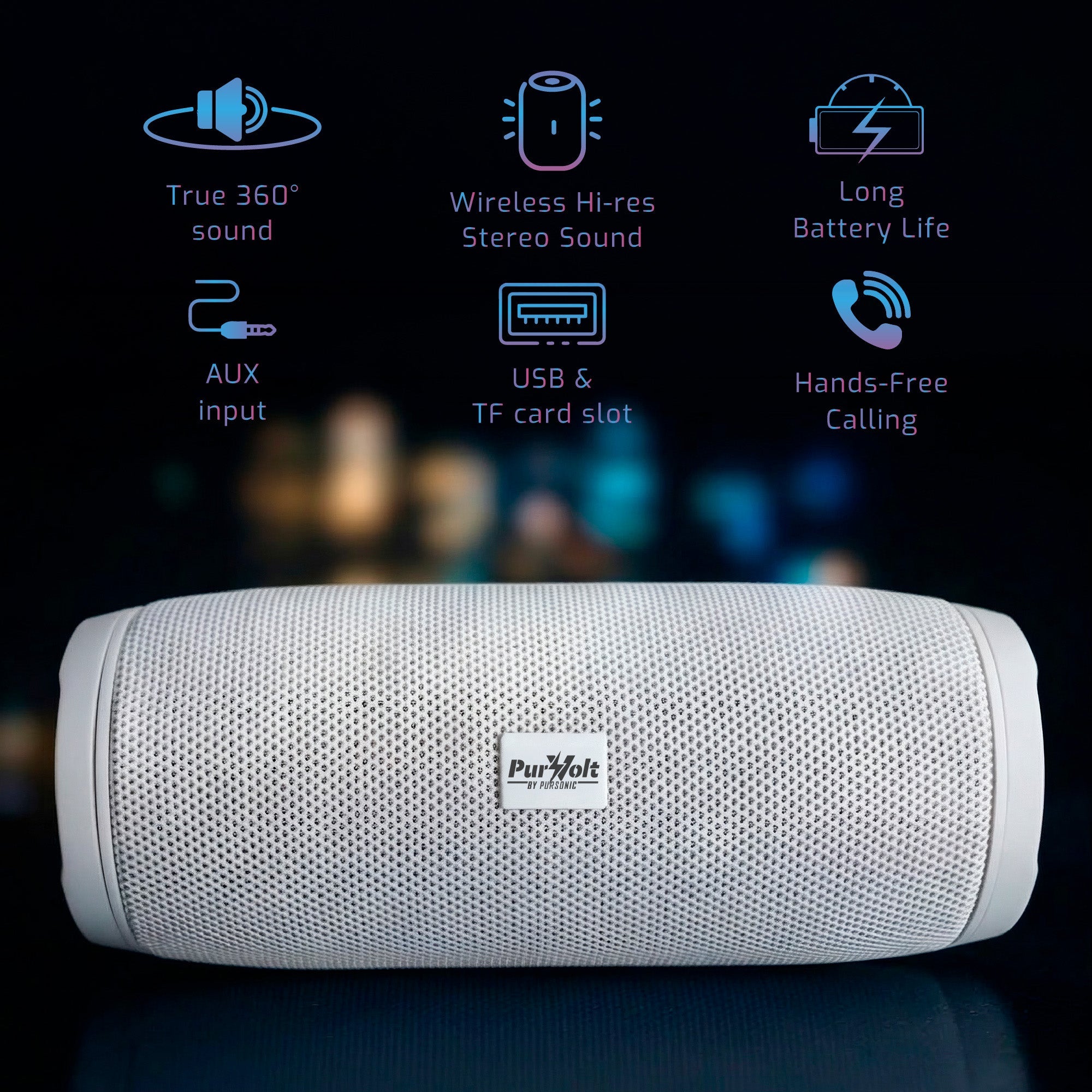 Pursonic Power Player wireless speaker in white with compact design, portable and ideal for music on the go.