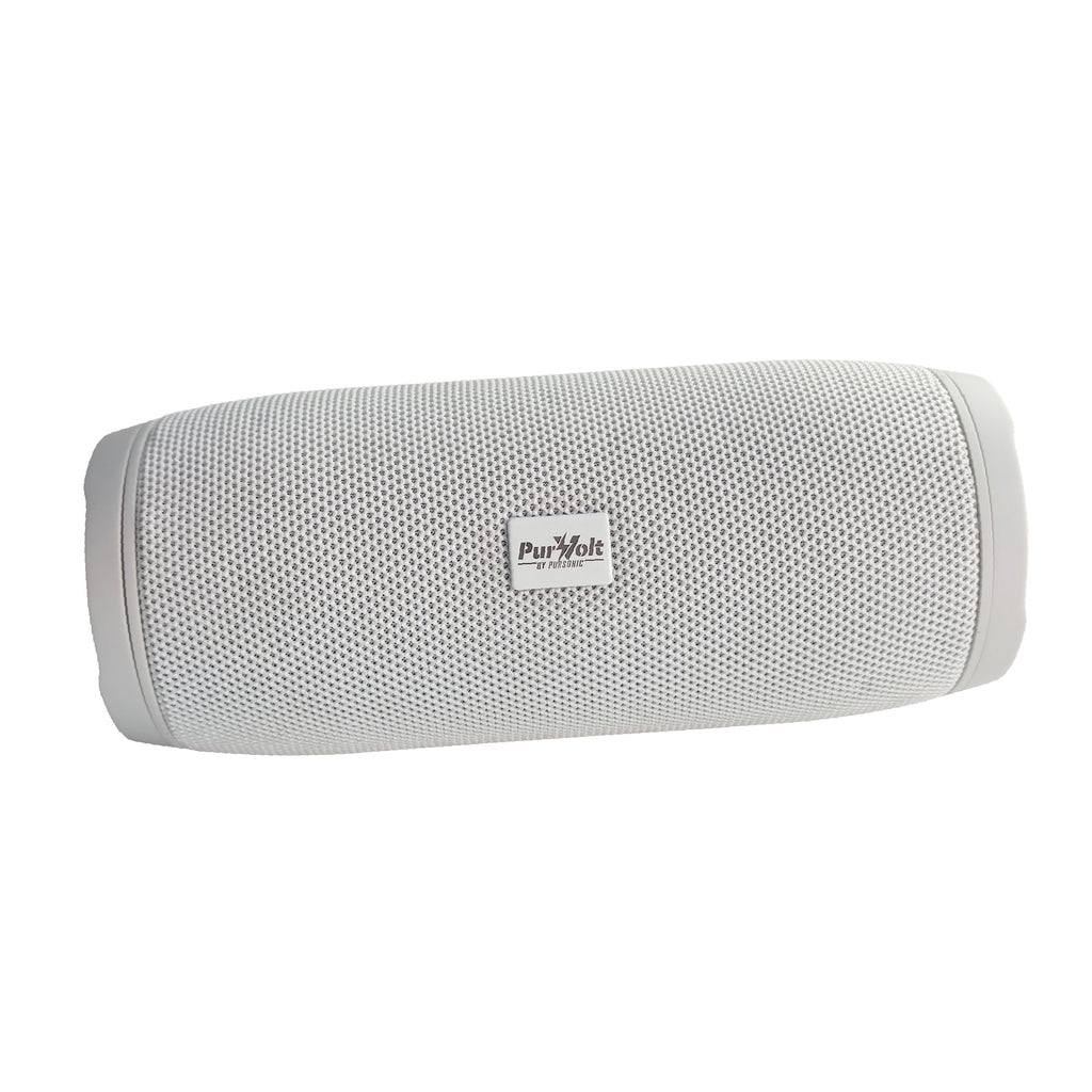 Pursonic Power Player wireless speaker in white with compact design and control buttons on top.