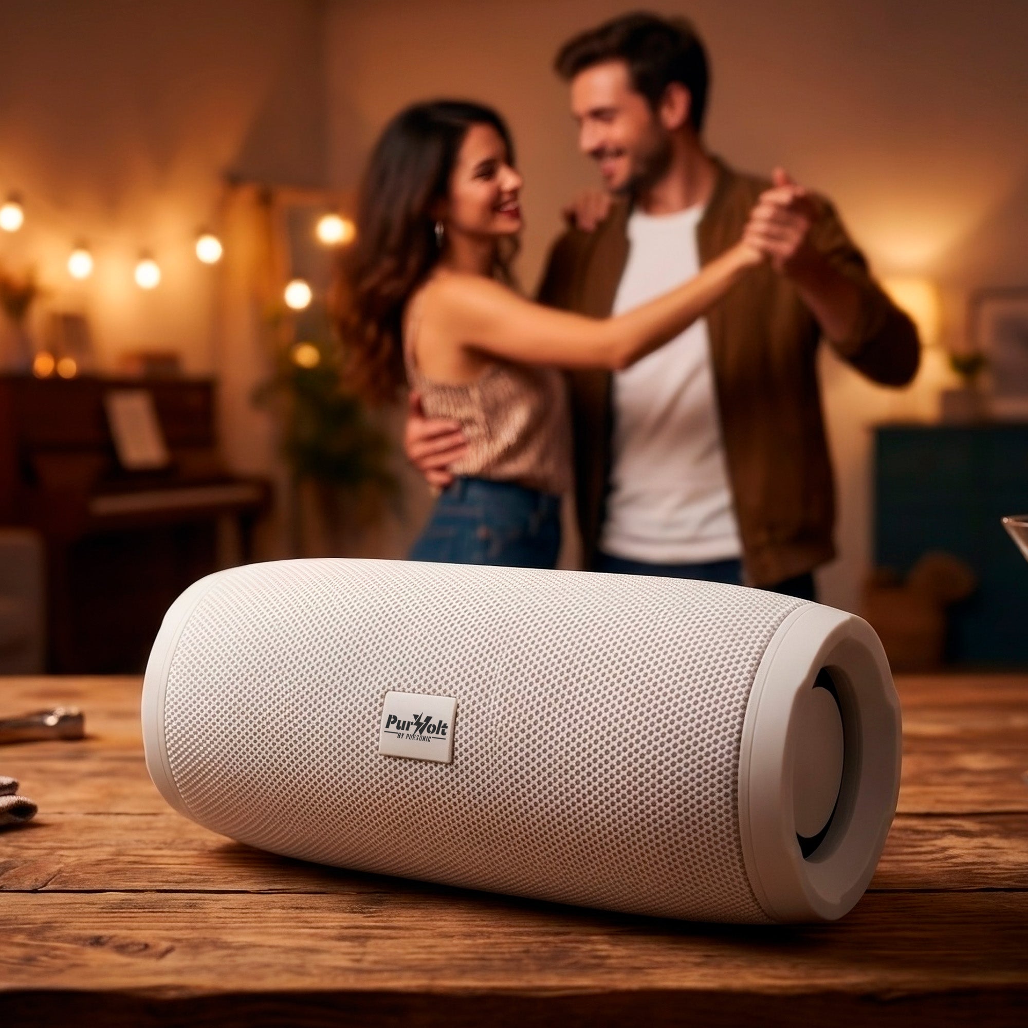 Pursonic Power Player wireless speaker in white, shown in a lifestyle setting with a modern design and portable size.