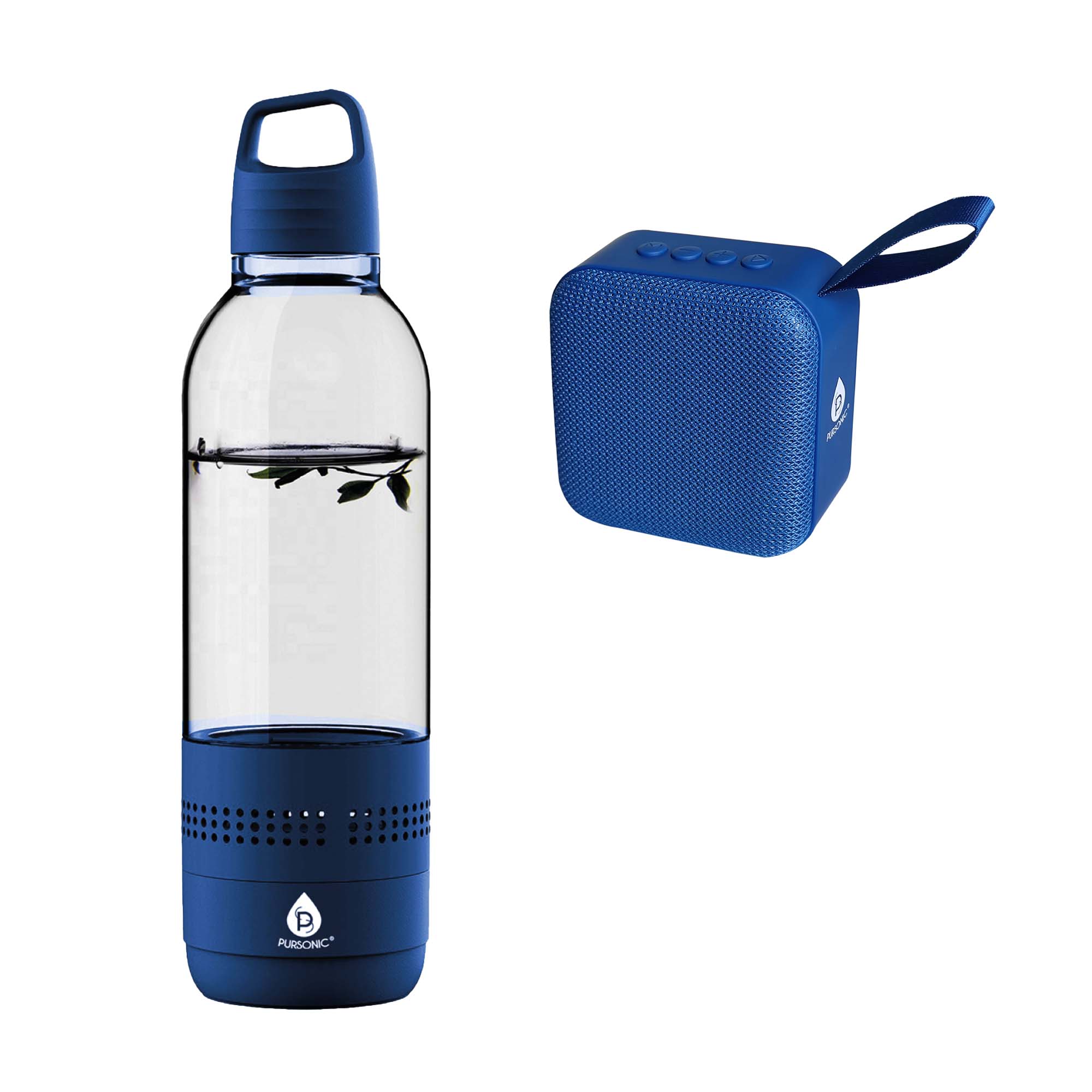 Pursonic wireless hydration and sound bundle showing a 2-in-1 water bottle and portable wireless speaker with sleek design.