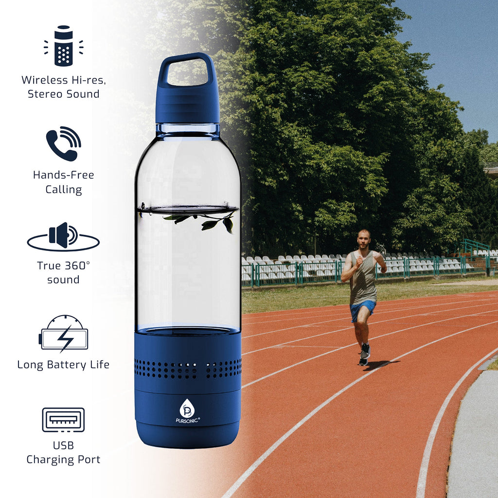 Pursonic 2-in-1 water bottle with built-in wireless speaker, clear view of the sleek water bottle and speaker components.