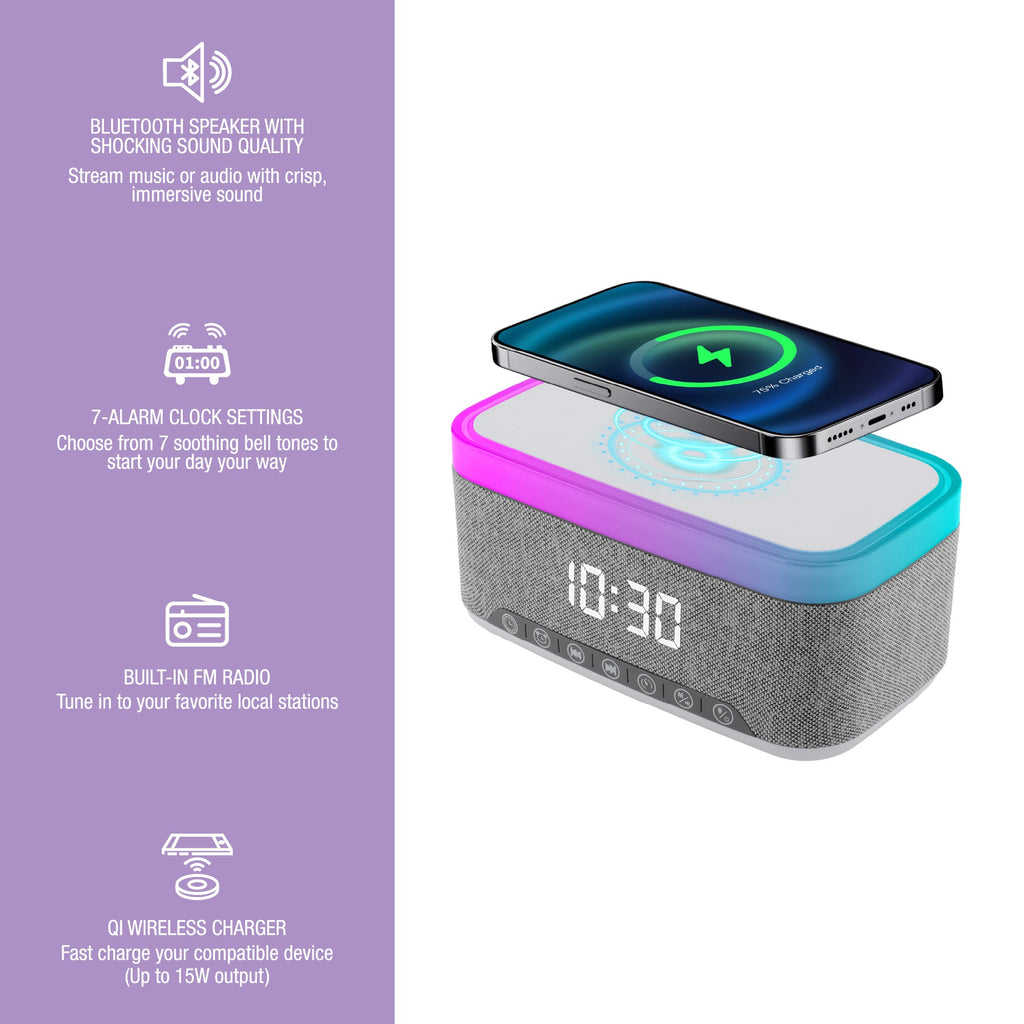 Pursonic Desk-to-Bedside Power & Comfort Bundle with Sip & Charge mug warmer, wireless charging alarm clock, and speaker in a modern electronic setup.