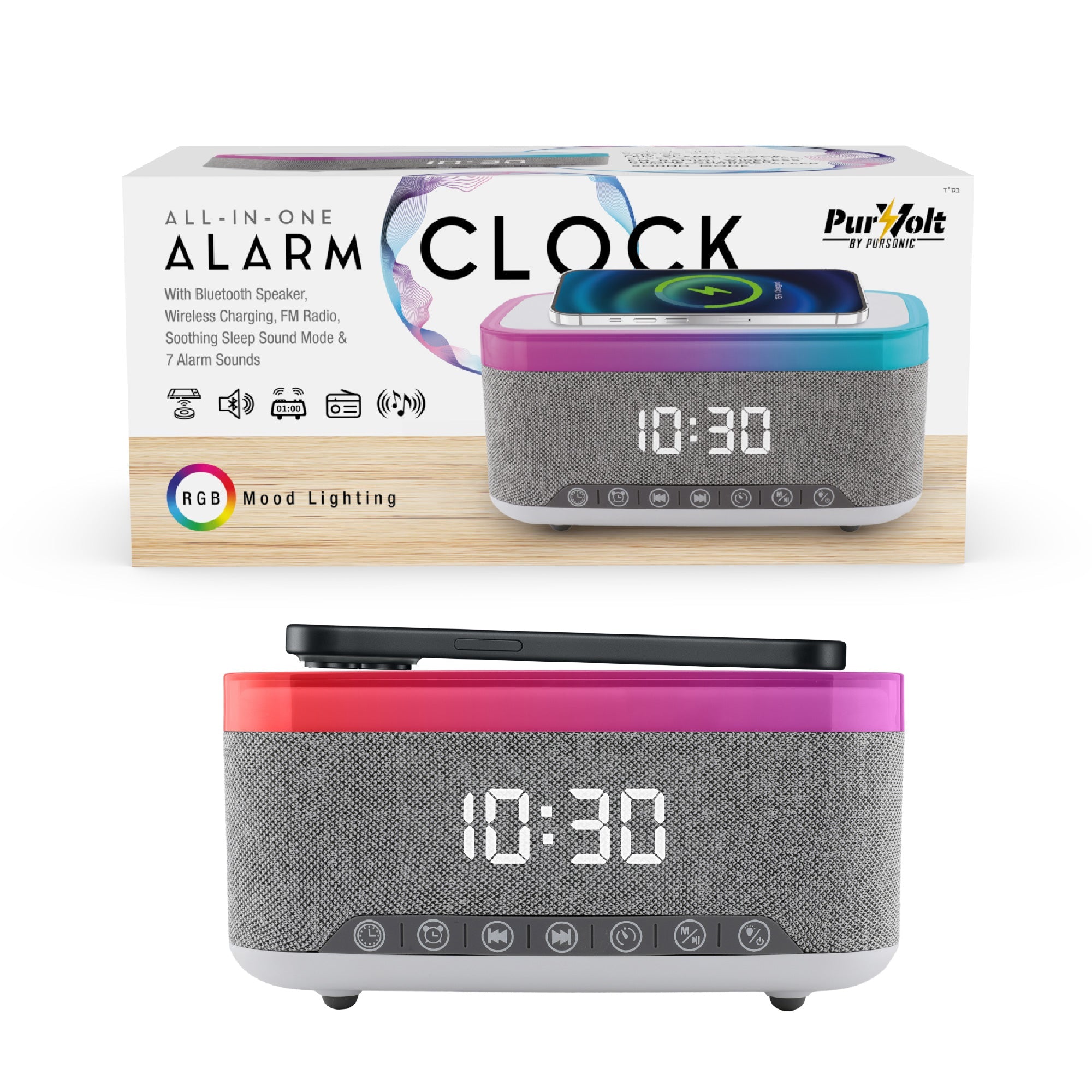 Pursonic Desk-to-Bedside Power & Comfort Bundle with Sip & Charge 2-in-1 mug warmer and 5-in-1 wireless charging alarm clock speaker.