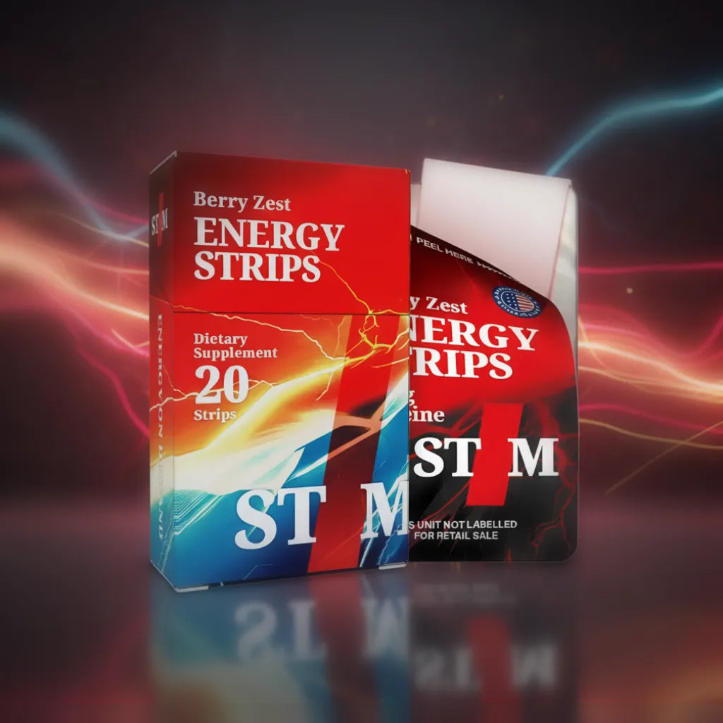 STIM Energy Strips pack of 20 in Berry Zest flavor, oral dissolving strips designed for quick energy boost from Energy On Demand