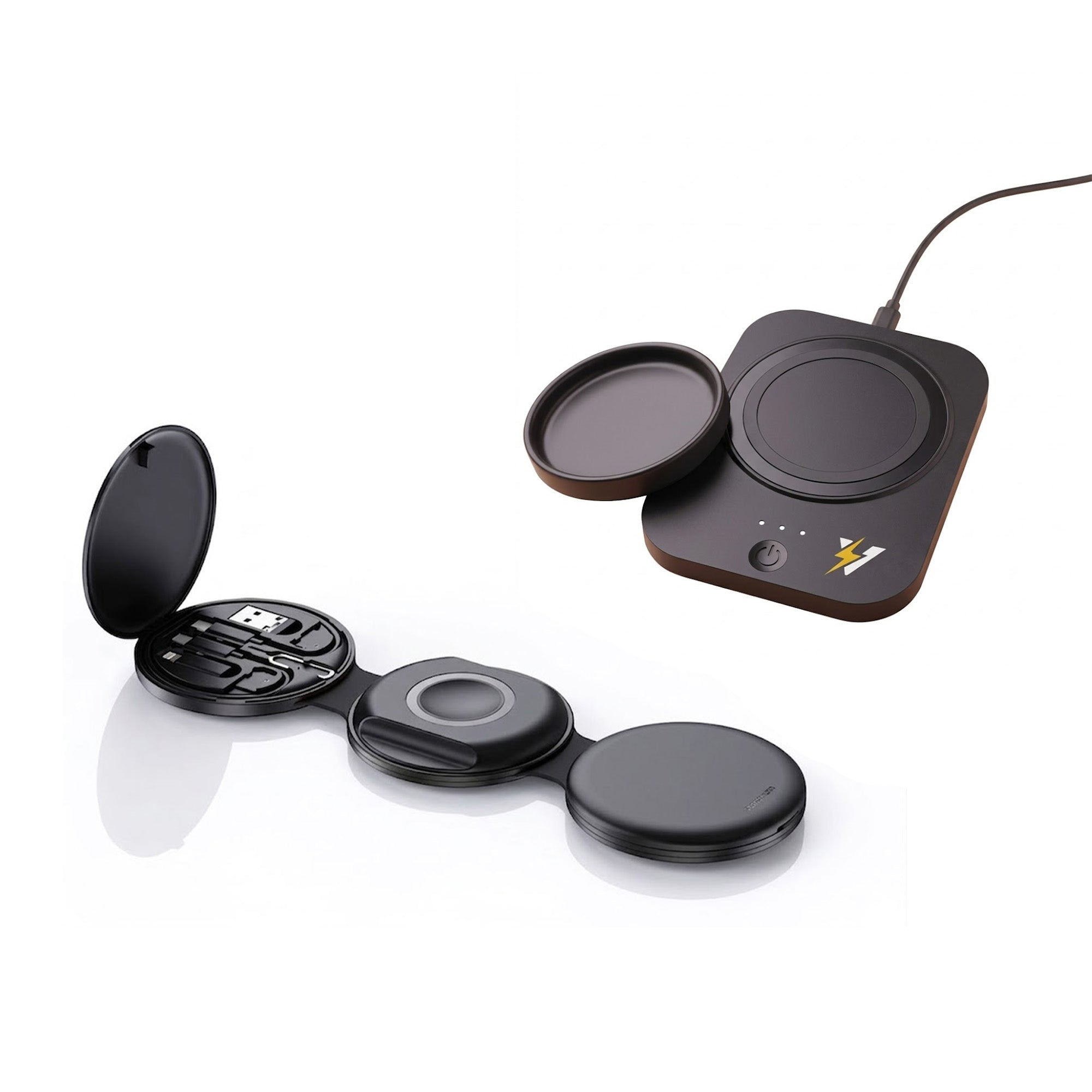 Pursonic Sip & Charge 2-in-1 mug warmer and folding charging station for wireless devices, compact electronics bundle.