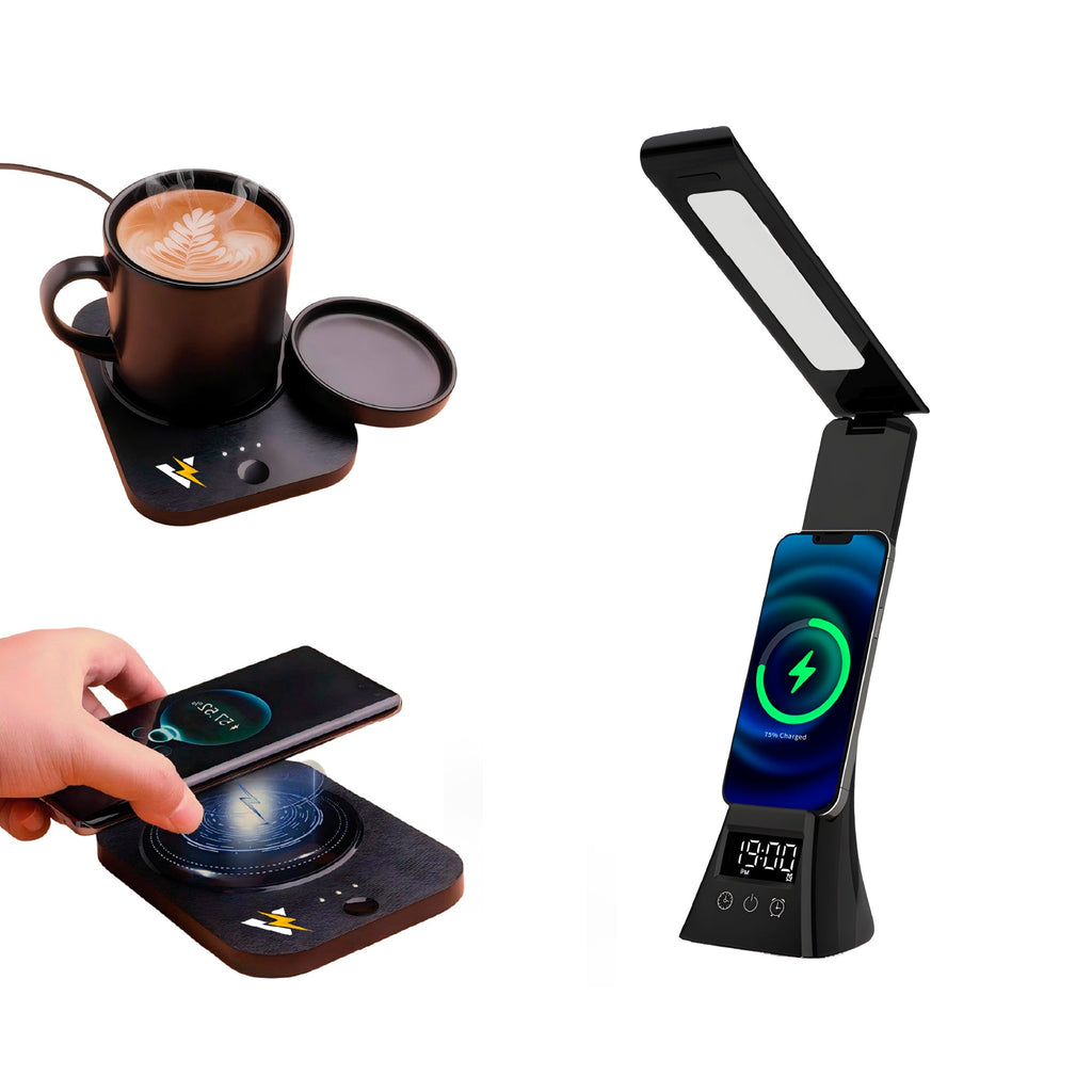 Pursonic 3-in-1 LED desk lamp, wireless charger, and mug warmer on modern workspace desk with electronics accessories