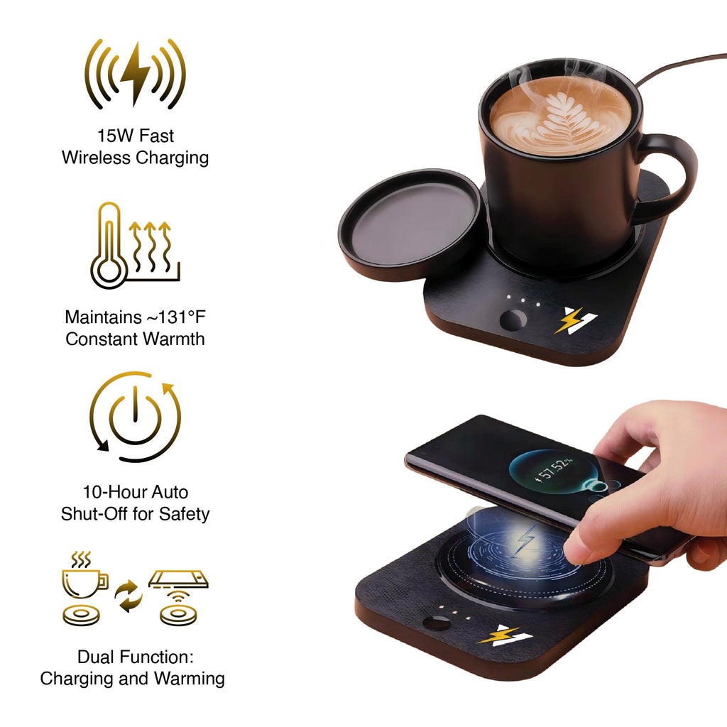 Pursonic Sip & Charge 2-in-1 wireless charger and mug warmer with sleek black design on a desk setup.