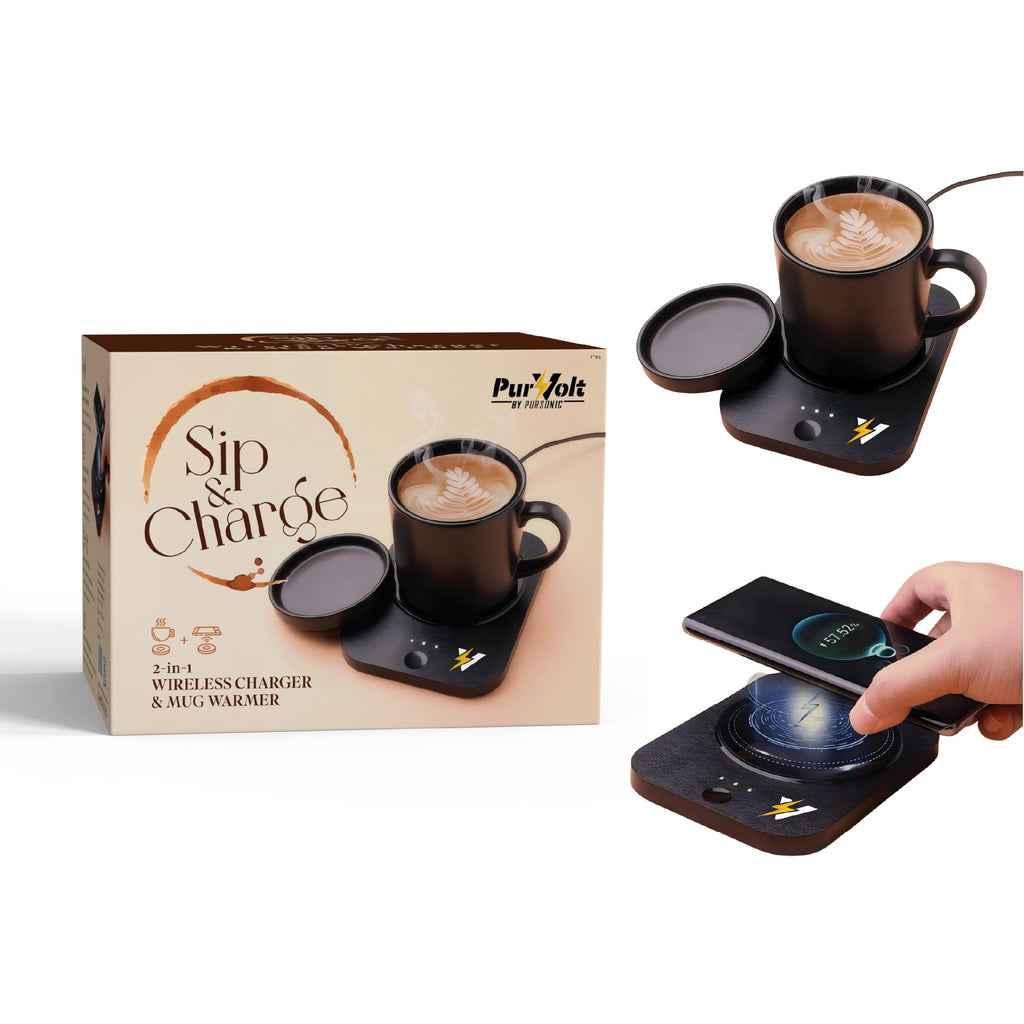 Pursonic Sip & Charge 2-in-1 wireless charger and mug warmer, sleek electronic device with charging pad and warm mug surface.