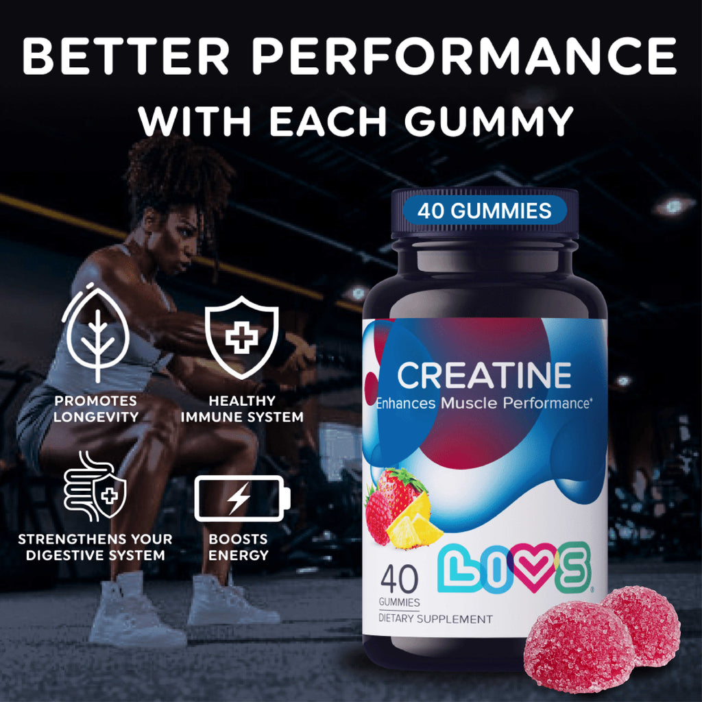 LIVS Gummies creatine supplement in strawberry and pineapple flavor, showing colorful gummies on a white background.