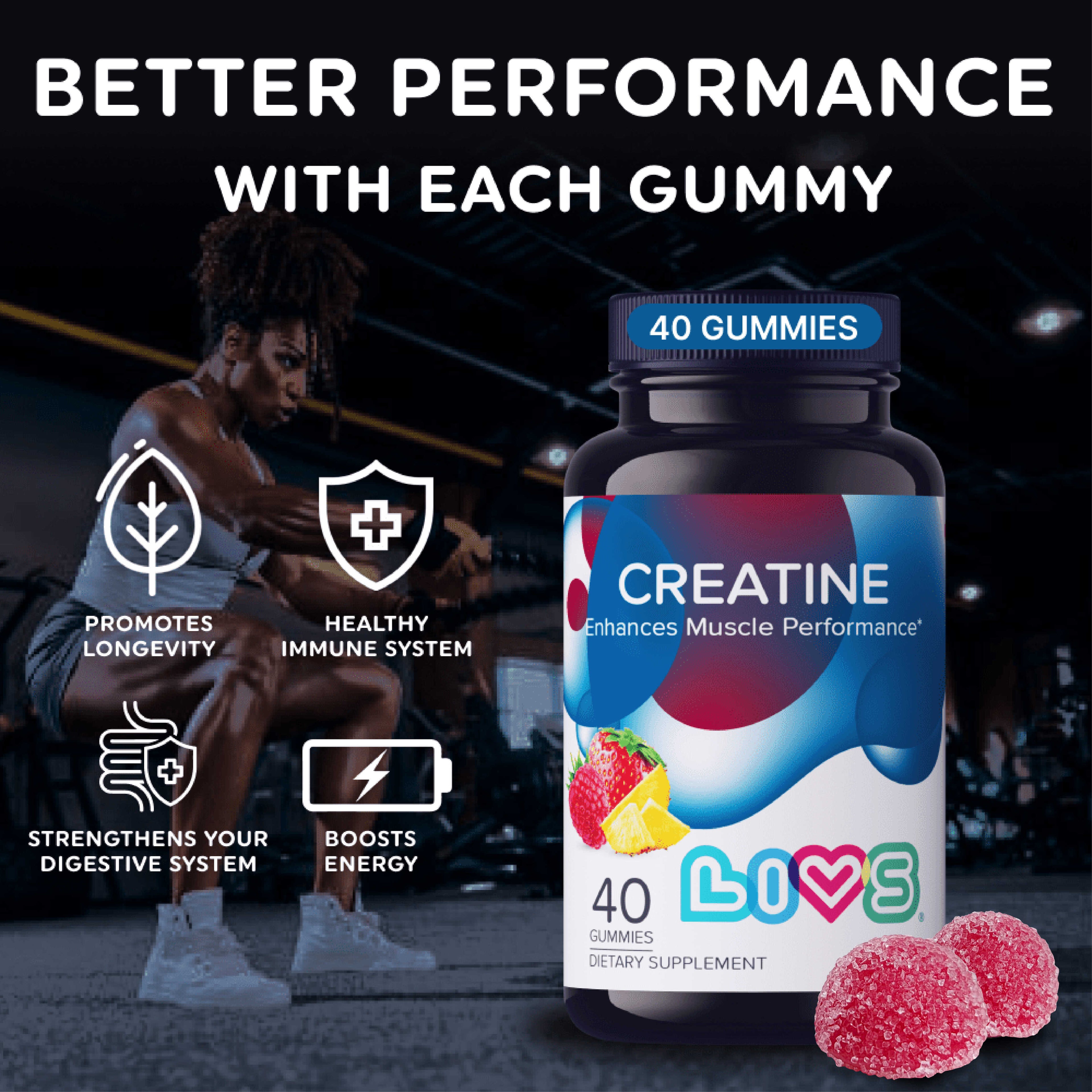 LIVS Gummies creatine supplement in strawberry and pineapple flavor, showing colorful gummies on a white background.