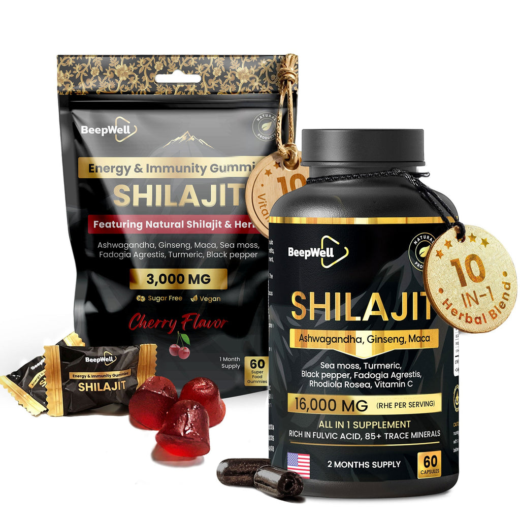 BeepWell Shilajit Capsules and Gummies combo with high-strength Shilajit, Ashwagandha, Maca, and Sea Moss in vegan capsules and gummies.