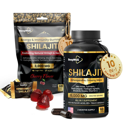 BeepWell Shilajit Capsules and Gummies combo with high-strength Shilajit, Ashwagandha, Maca, and Sea Moss in vegan capsules and gummies.