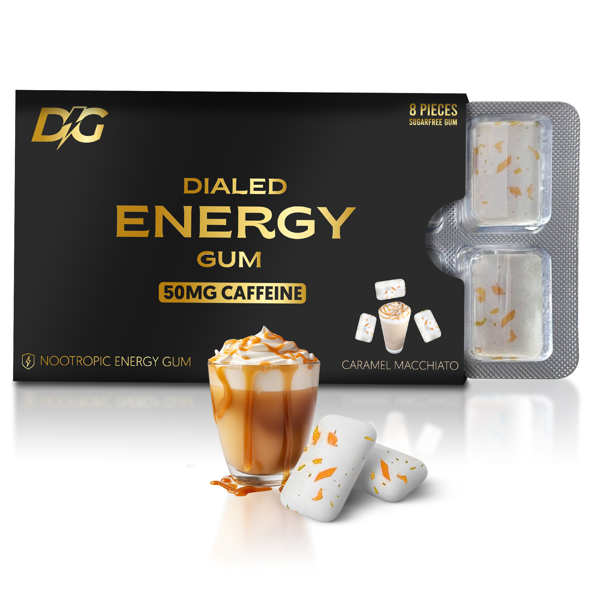 Dialed Gum Energy Gum 14-pack featuring caramel macchiato flavor, with caramel-colored packaging and mint accents.