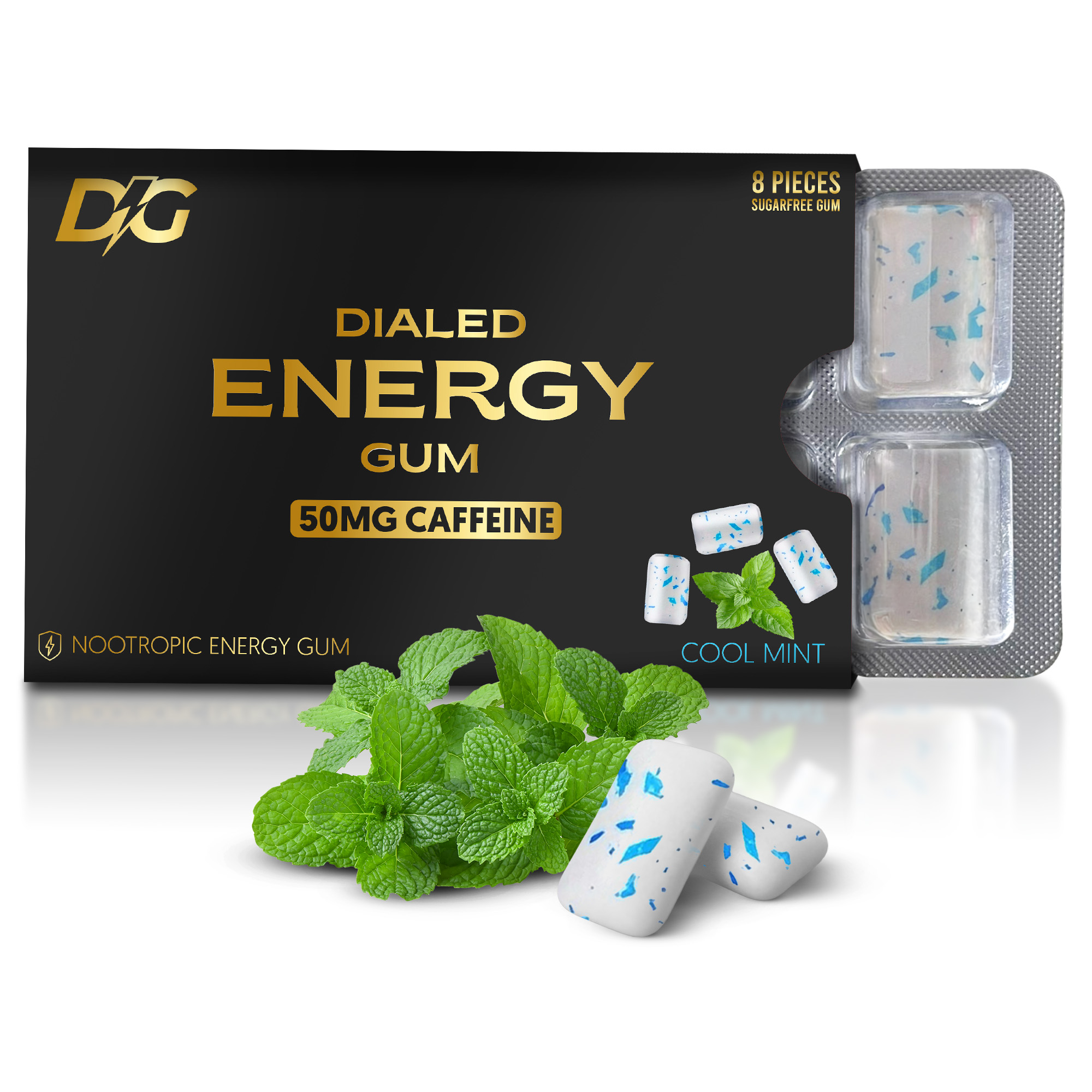 Dialed Gum Energy Gum in Cool Mint flavor, 14-pack, features a sleek sleeve with fresh mint design for a refreshing chew.