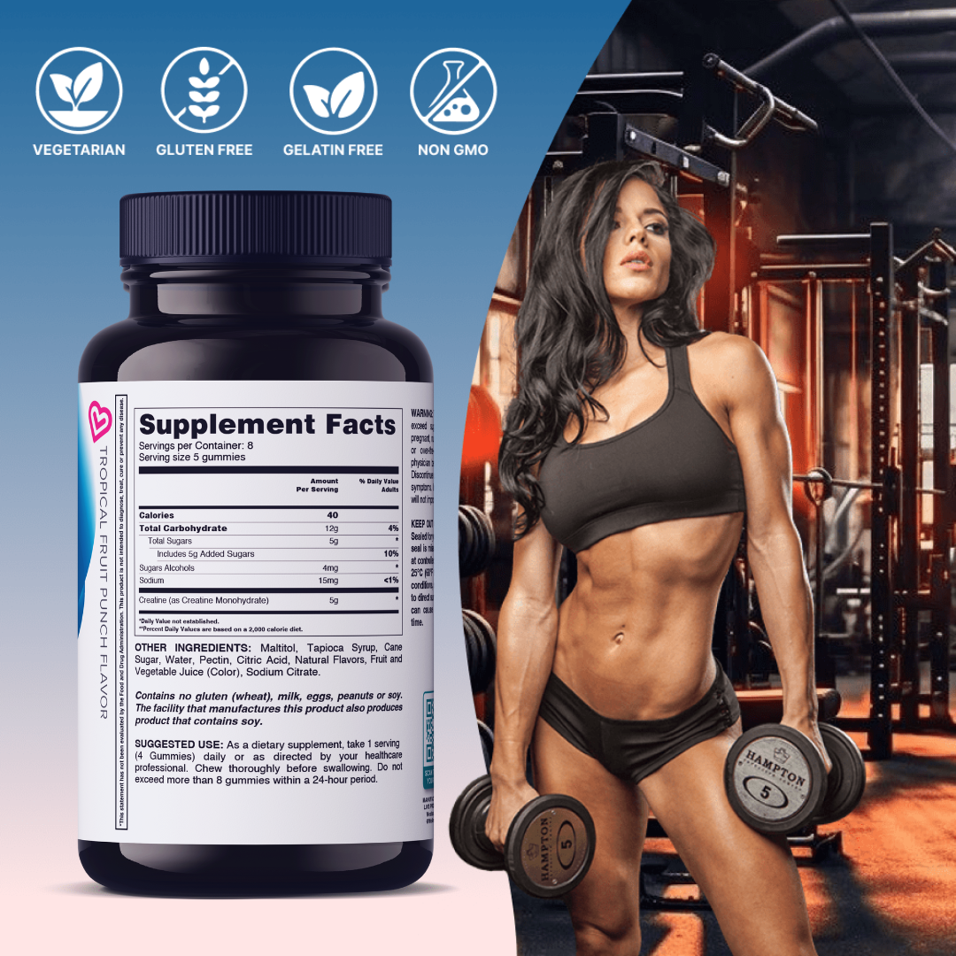 LIVS Gummies creatine supplement in strawberry and pineapple flavors, showing colorful gummy vitamins on a white background.