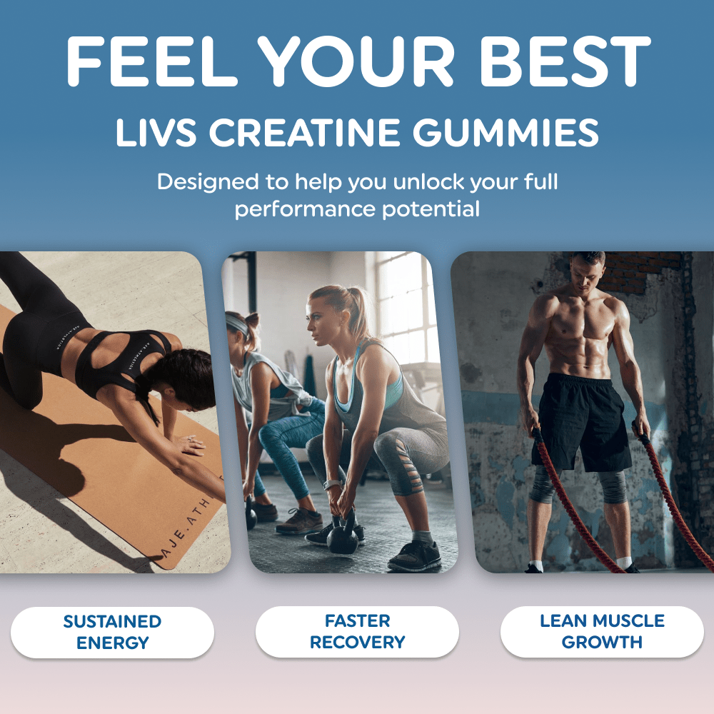 LIVS Gummies creatine supplement in strawberry and pineapple flavor, featuring colorful gummies in a clear container.