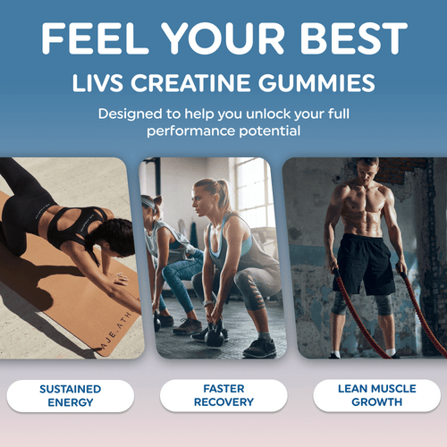 LIVS Gummies creatine supplement in strawberry and pineapple flavor, featuring colorful gummies in a clear container.