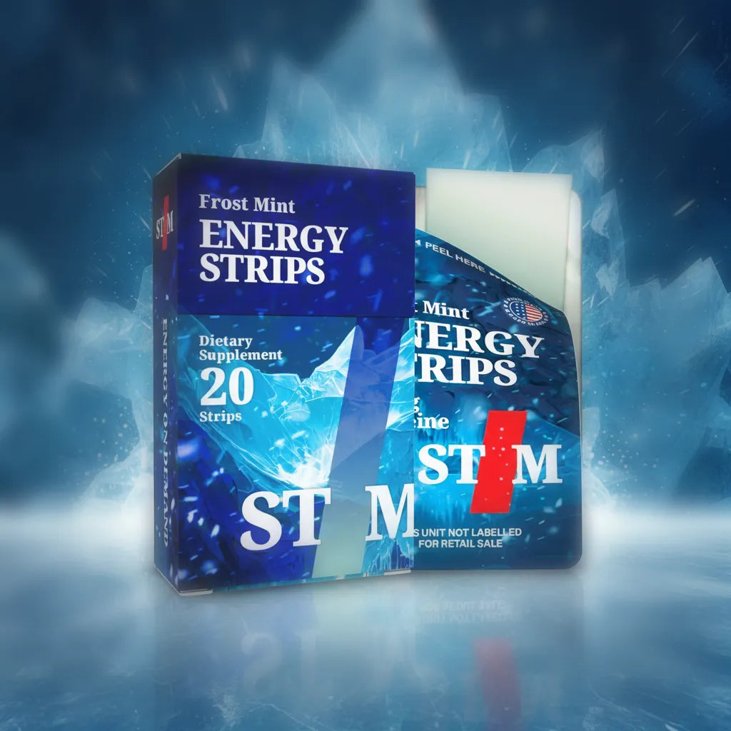 Frost Mint STIM Energy Strips pack of 20, oral dissolving supplement for quick energy boost, with vibrant packaging and branding.