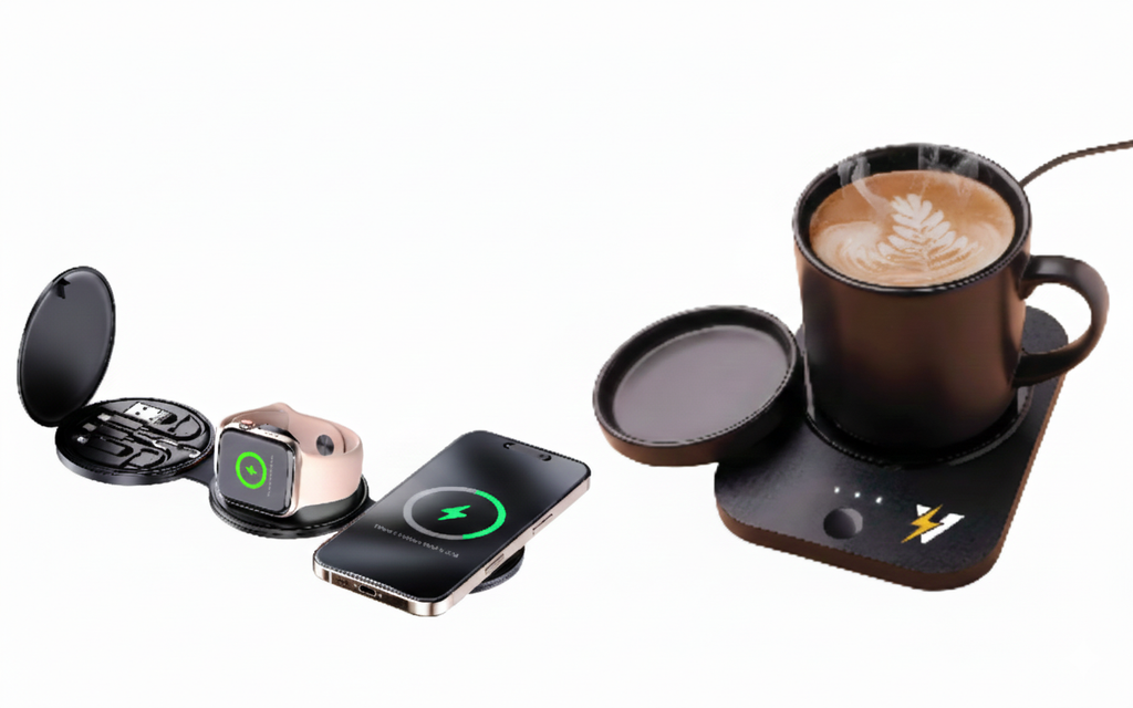 Pursonic Sip & Charge 2-in-1 mug warmer and 5-in-1 folding charging station for wireless device charging and comfort.