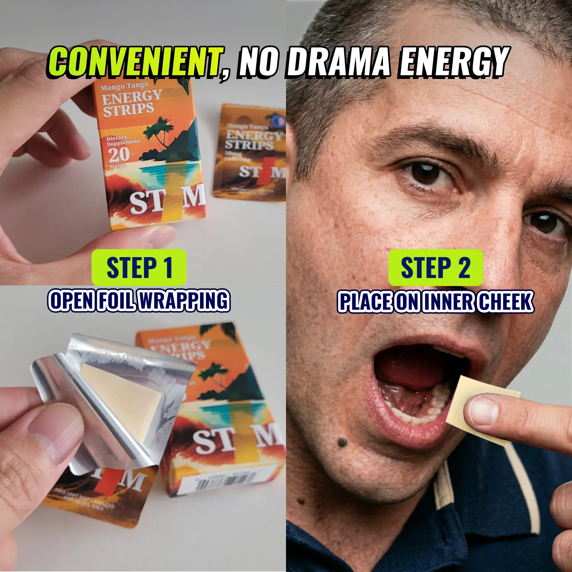 Step-by-step guide on how to use STIM Energy Strips, oral dissolving strips in three flavors from STIM Energy On Demand.