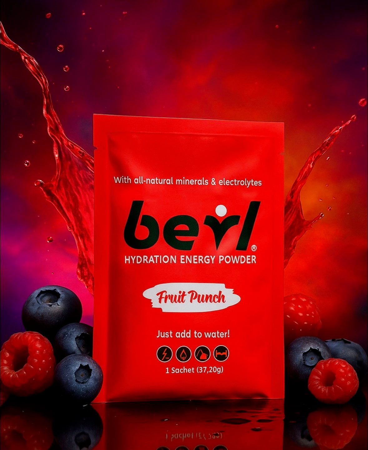BEVL Dance Healthy Fruit Punch Hydration Energy Powder in a container, ready for mixing, with vibrant fruit punch flavor packaging.