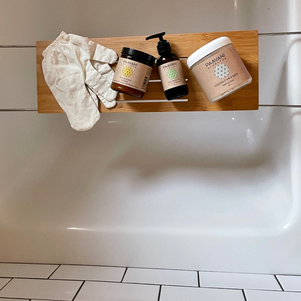 Simple bath stack from Paavani Ayurveda Skincare with natural ingredients for holistic body, mind, spirit, and skin self-care ritual.