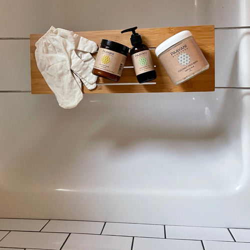Simple bath stack from Paavani Ayurveda Skincare with natural ingredients for holistic body, mind, spirit, and skin self-care ritual.