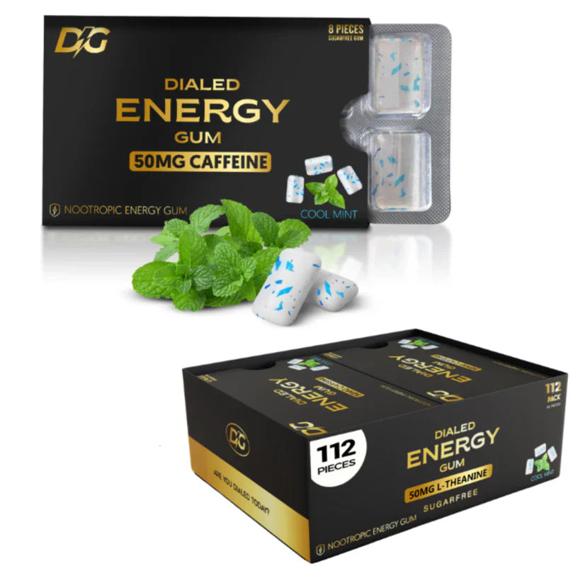 Dialed Gum Energy Gum in Caramel Macchiato flavor, 14-pack, with individually wrapped caramel-colored gum pieces.